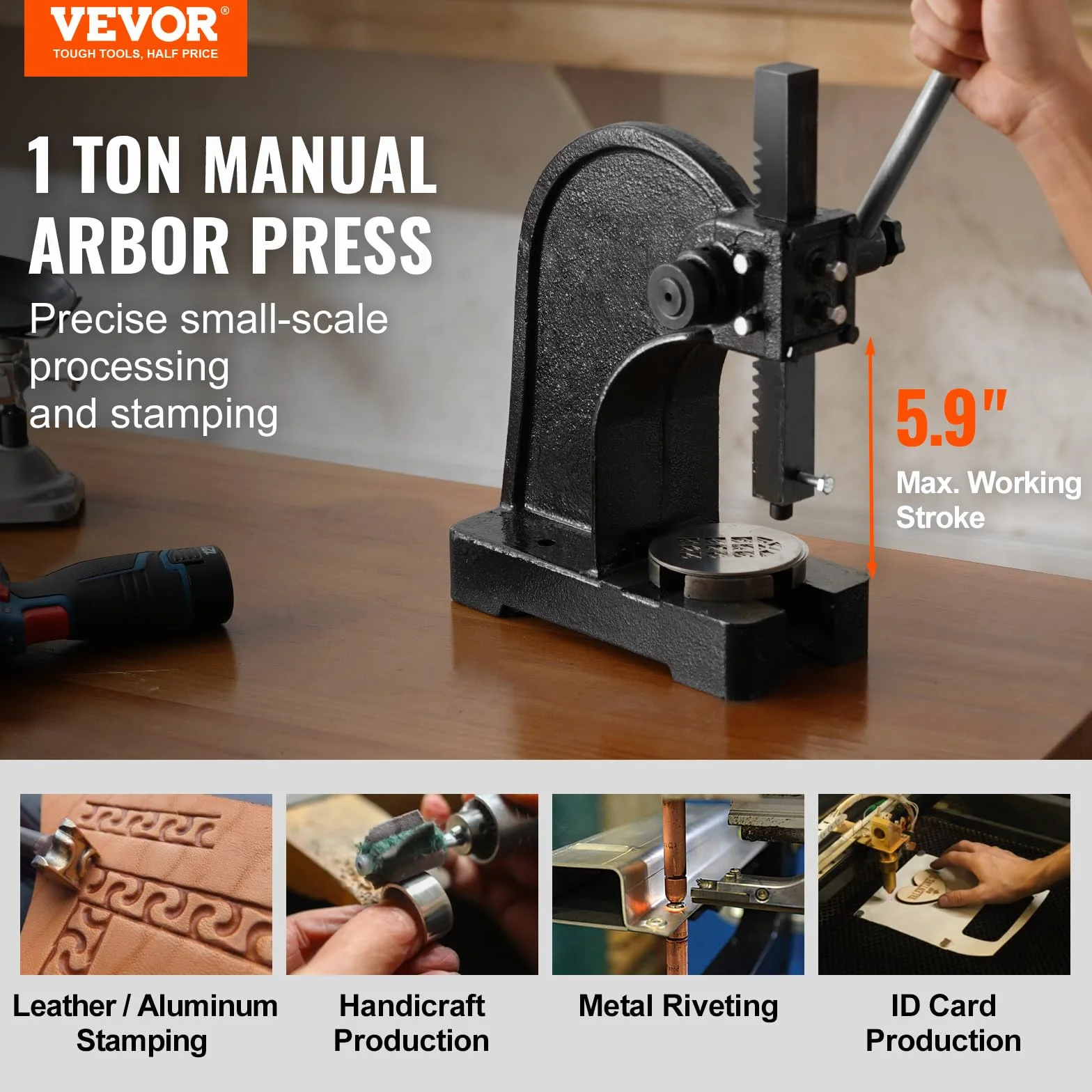 VEVOR 1 TON Manual Arbor Press, 5.9" Max Height, Heavy Duty Cast Iron Desktop Press