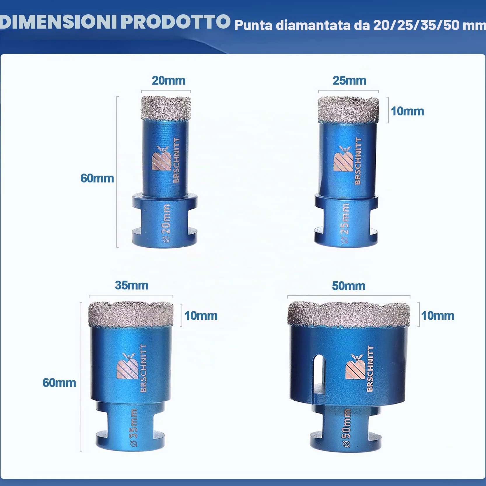 Punta per Trapano Diamantata Set BRSCHNITT 20/25/35/50mm Fresa Diamantata M14 Filo per Porcellana Granito Piastrella Marmo Taglio a Secco