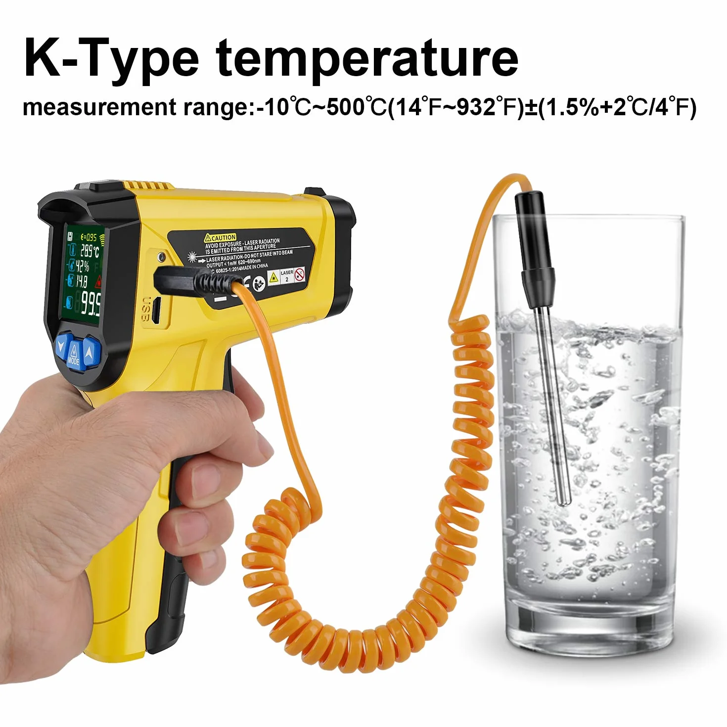 MESTEK Termometro Infrarossi Digitale Professionale -50°C~800°C con Sonda K Schermo LCD Colori Emissività Regolabile