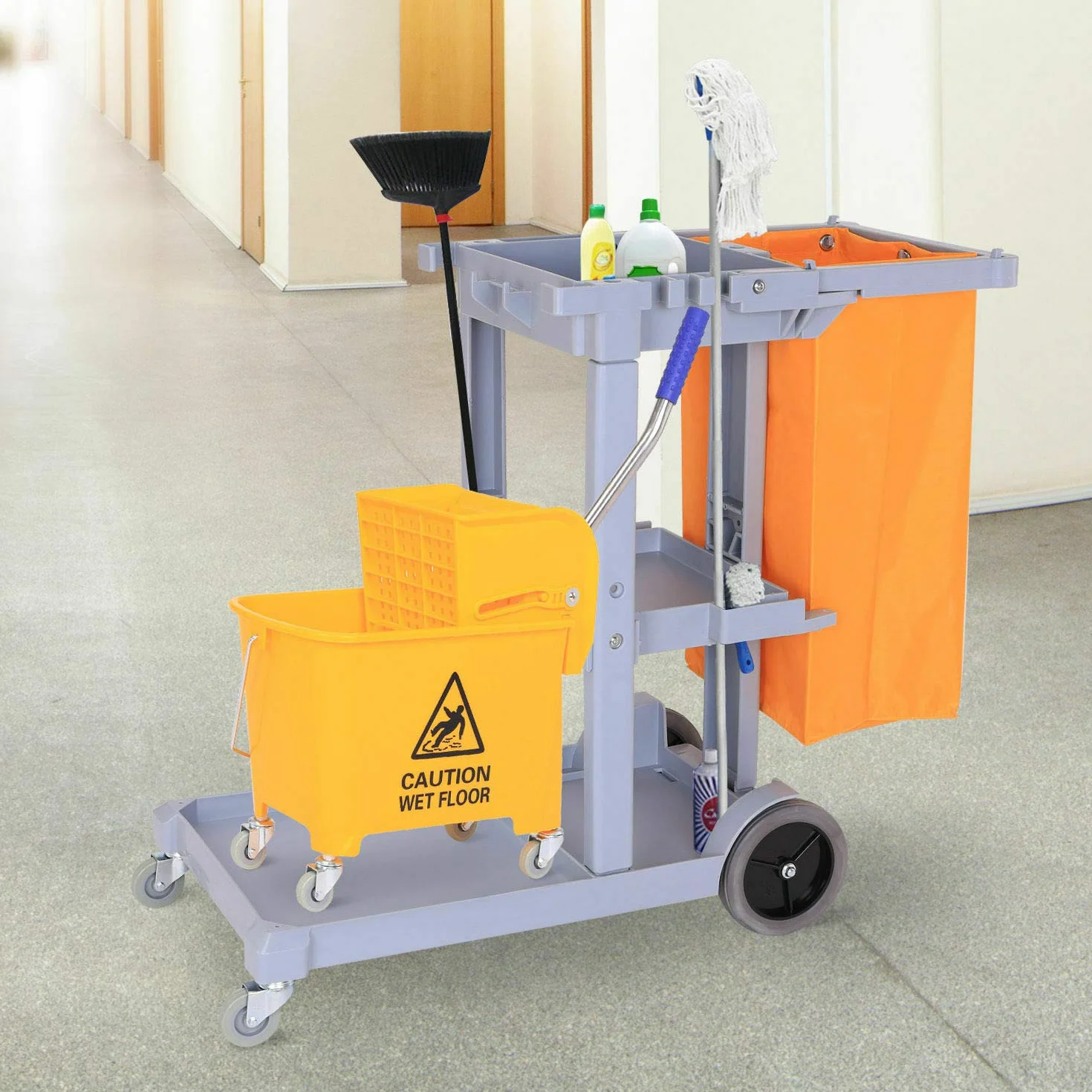 Carrello di pulizia professionale plastica 3 vassoi 100 lt 120 x 52 x 96 cm