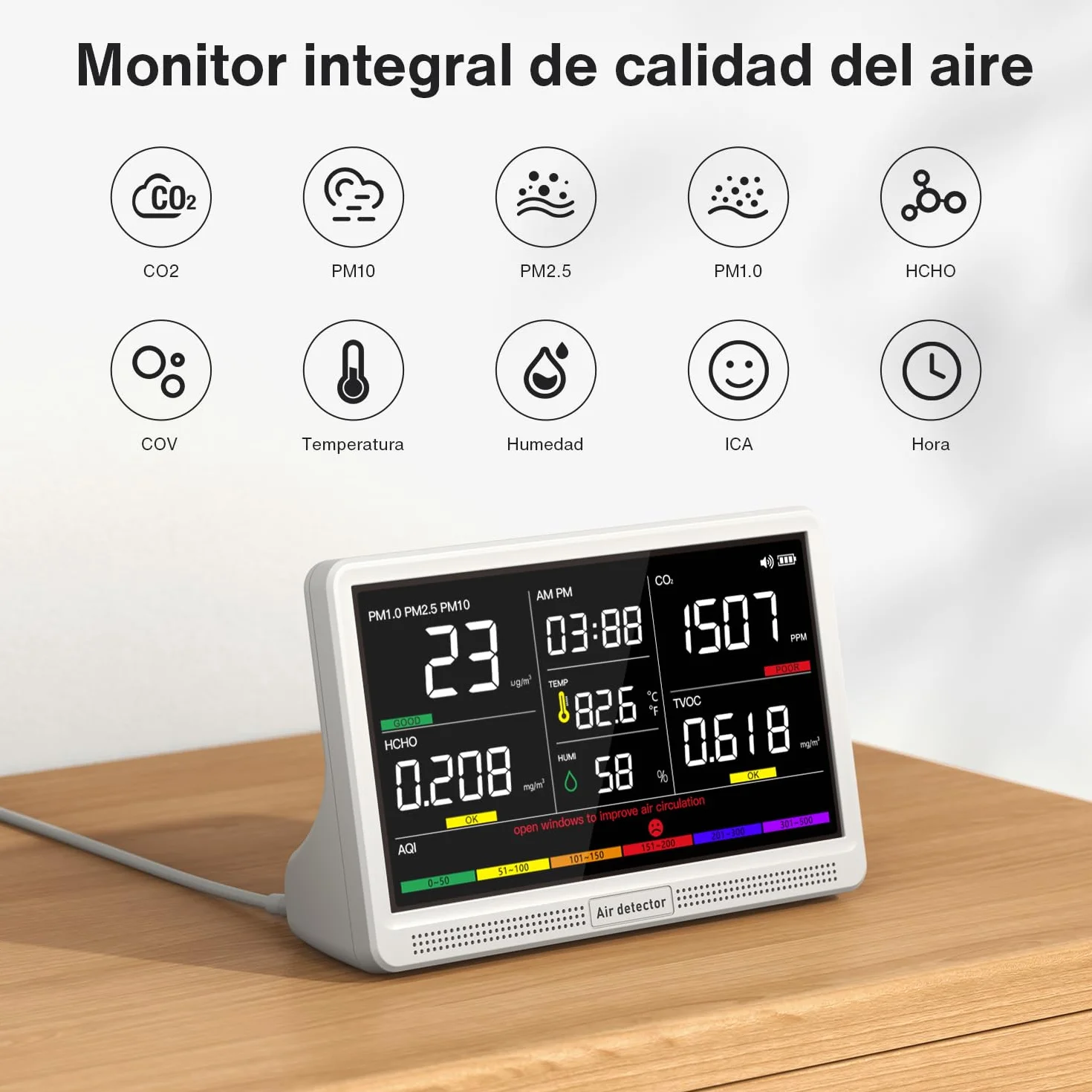 Monitor Qualità dell'Aria Indoor 16-in-1 bonoch Display 7" CO2 TVOC PM2.5 PM1.0 PM10 HCHO Temperatura Umidità AQI
