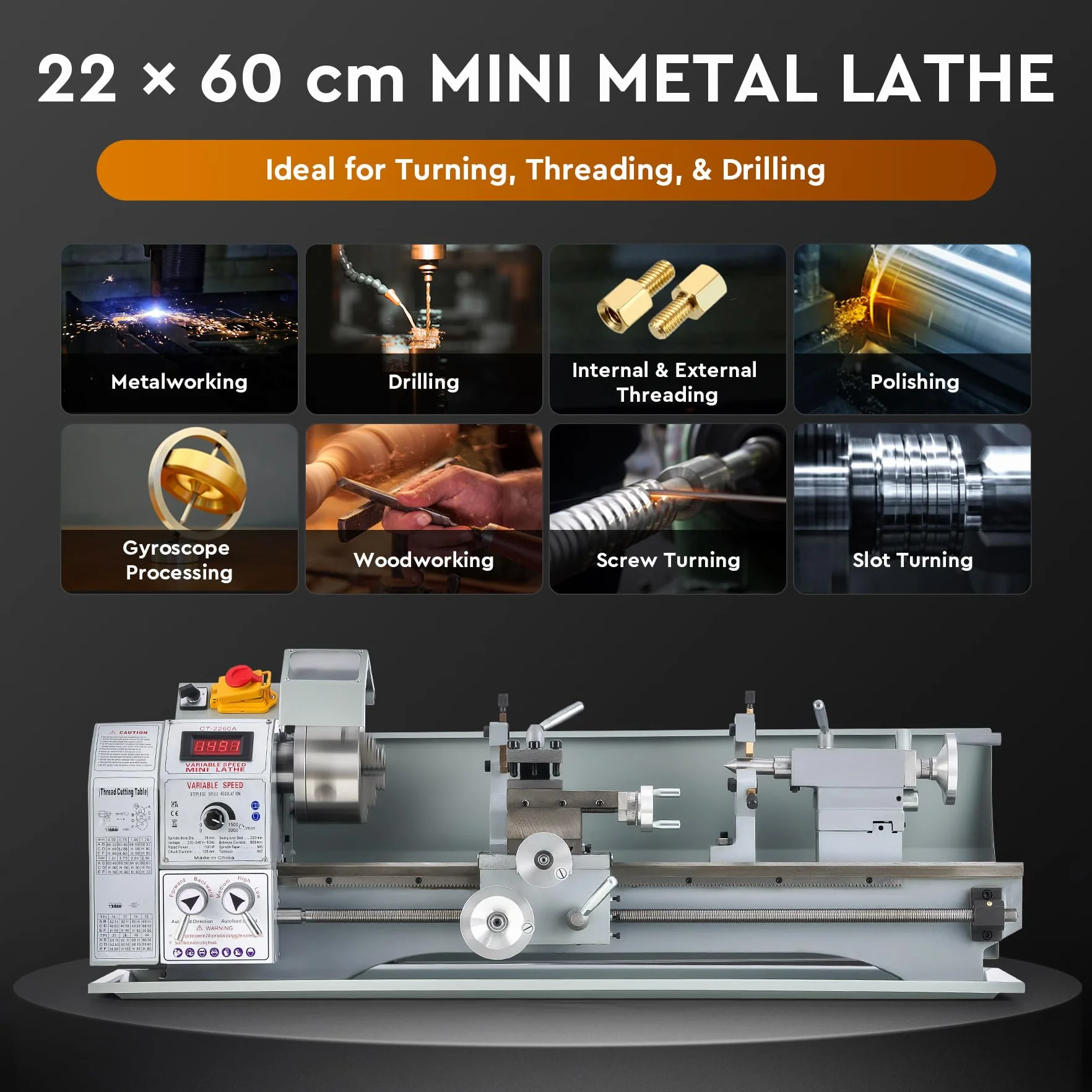 Orion Motor Tech Tornio per Metallo 1100W | Dimensioni 220 x 600 MM | Velocità Variabile 0-3000 rpm | Mandrino a 3 Griffe | Display LCD | Ideale per Tornitura, Filettatura e Foratura