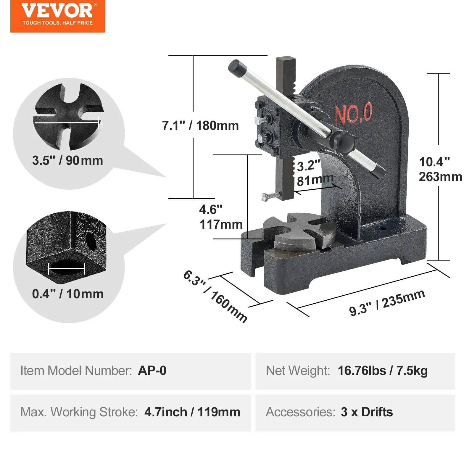 VEVOR Pressa a Perno Manuale 0,5t, Altezza Max 4,6", Ghisa, da Tavolo