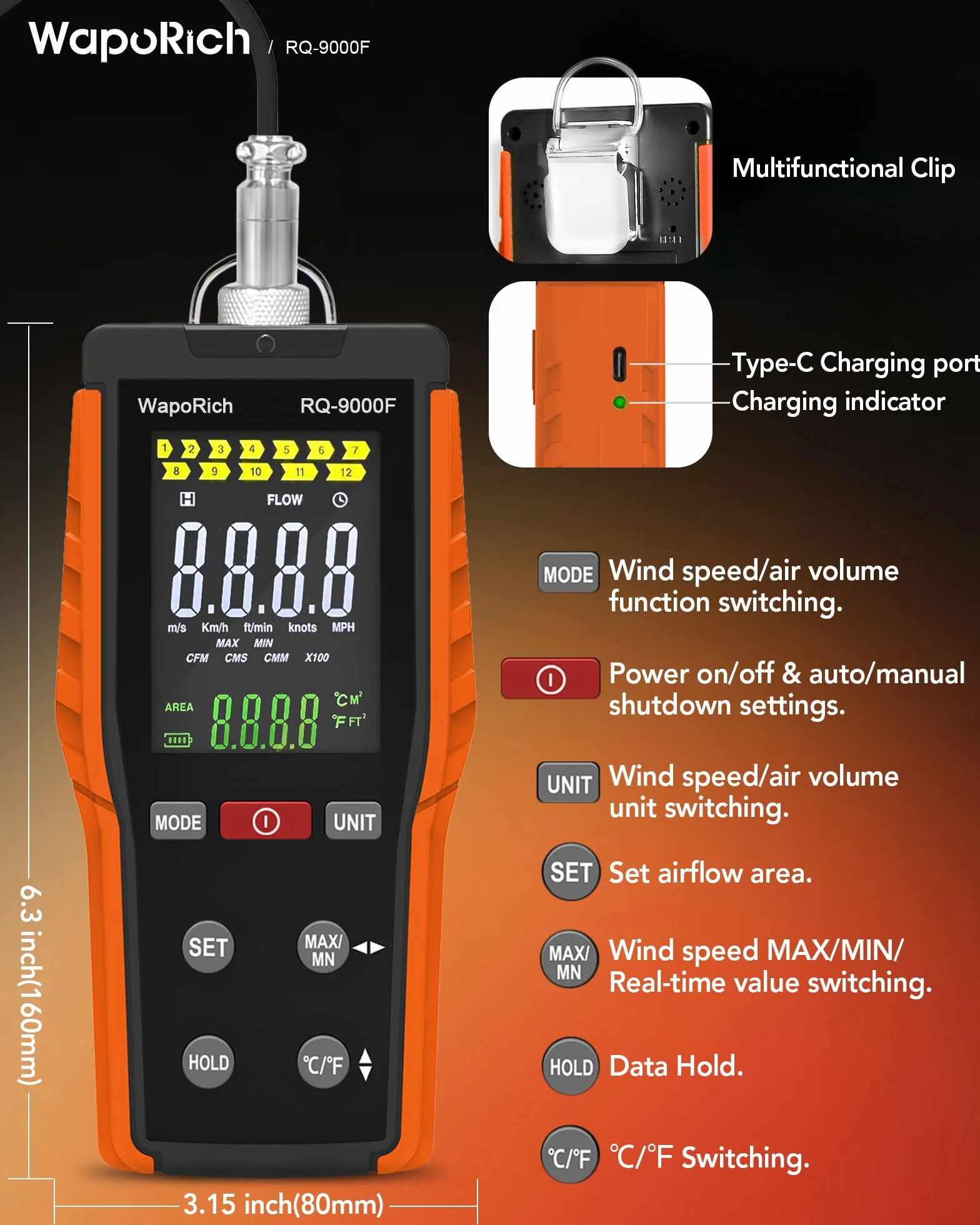 WapoRich RQ-9000F Anemometro a Filo Caldo Portatile, 0,1-30 m/s, 0-999.900 CFM/CMM/CMS, Display MAX/MIN per Condotti HVAC