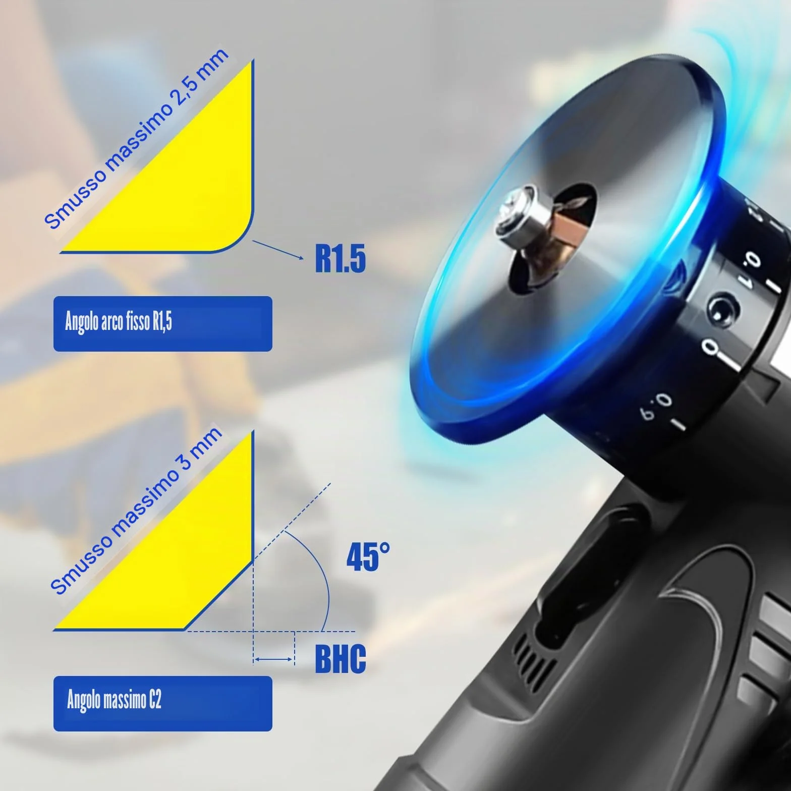 Smussatrice pneumatica 2 in 1, 45 gradi, inserti angolari 6R+6C+6, per metalli