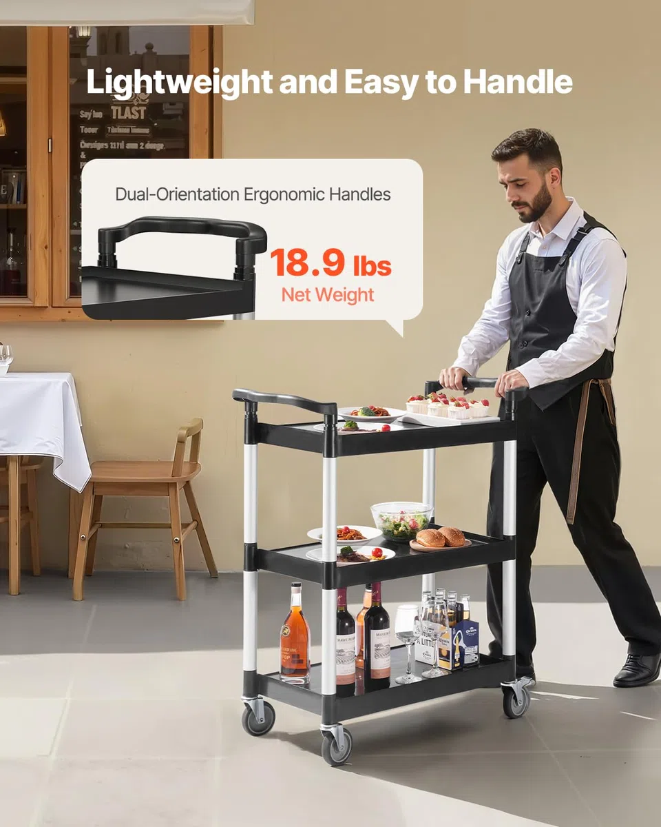 VEVOR Carrello Portavivande, Capacità di Carico 136 kg Carrello per Servizi Alimentari in Plastica a 3 Livelli da 620 x 410 mm con Ruote Girevoli 360° per Magazzino, Ufficio, Casa, Ristorante, Cucina