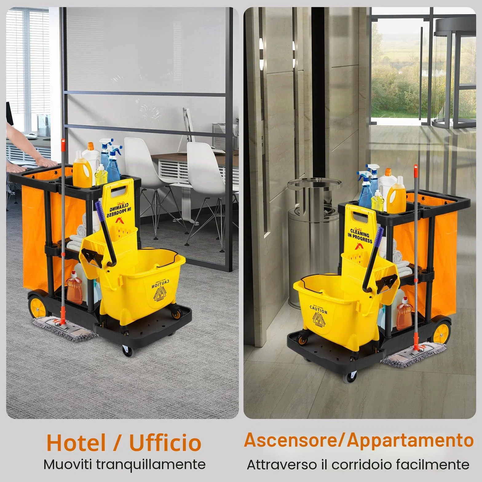 Bimiti Carrello per la pulizia professionale 113x56x93 cm 3 ripiani sacco da 65 L giallo nero