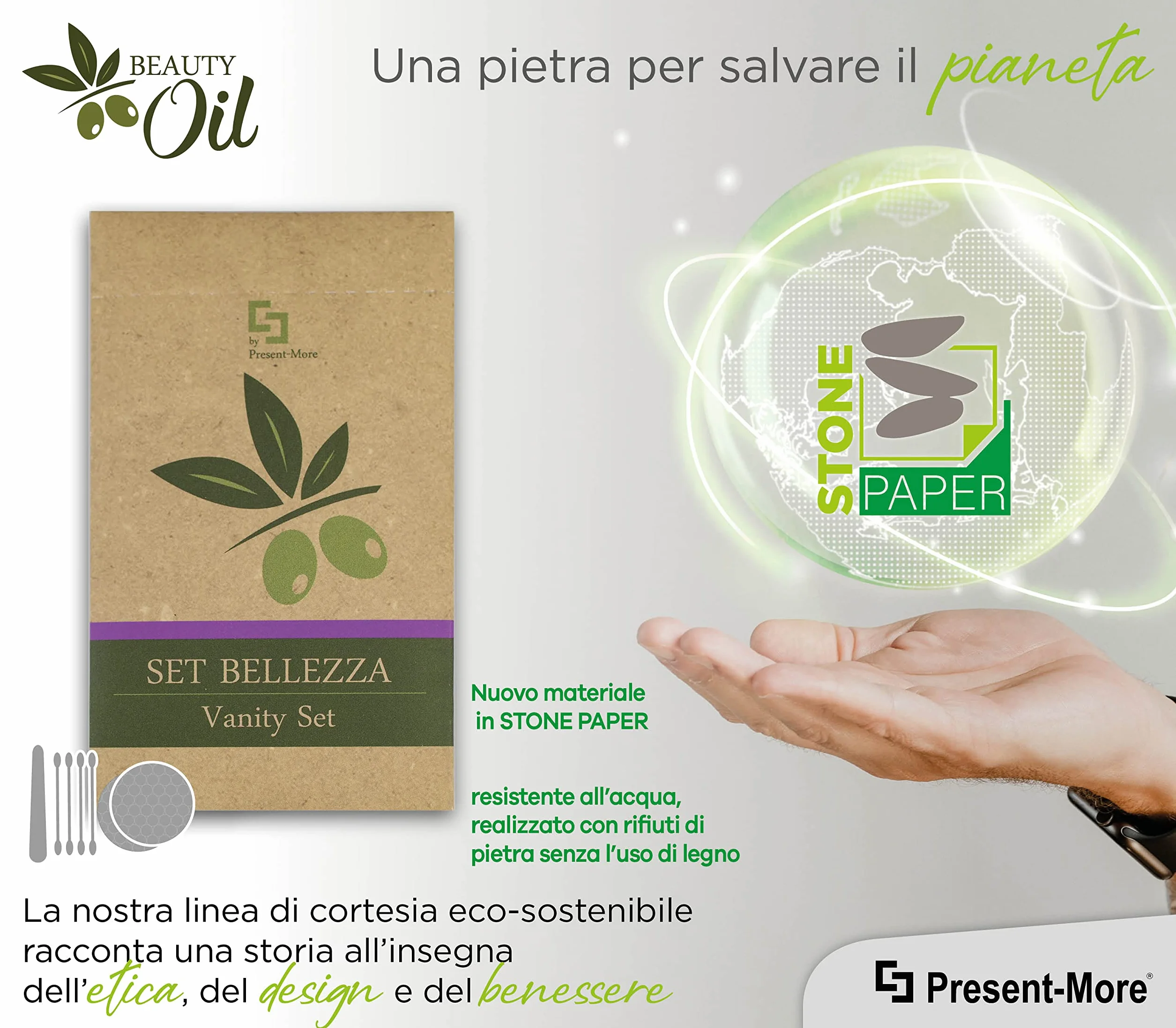 PRESENT-MORE - Vanity Set 250 Pezzi - Linea Beauty Oil - Kit con Dischi Struccanti, Limetta per Unghie e Cotton Fioc - Packaging Ecologico in Stone Paper - Ideale per Hotel e B&B