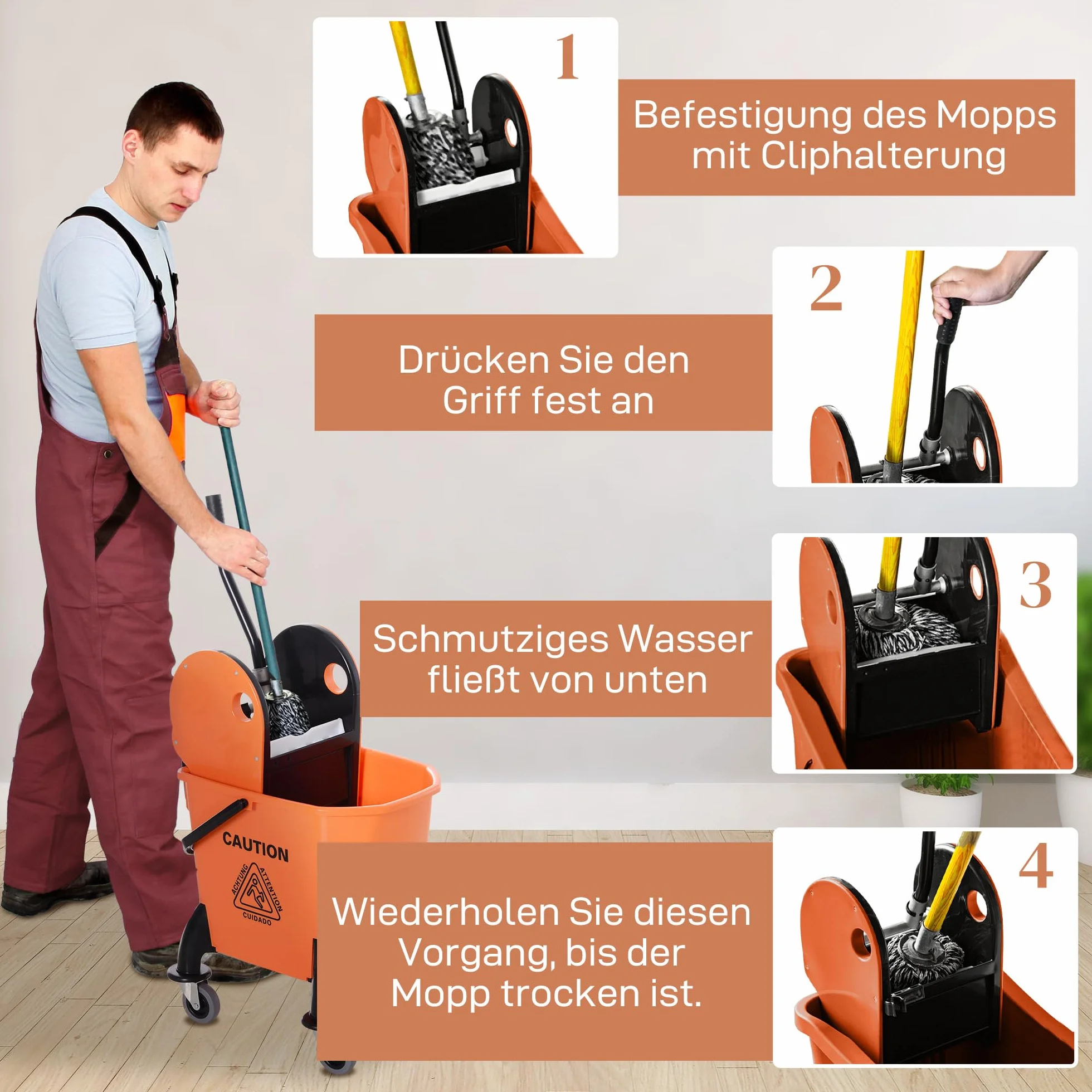 HOMCOM Carrello Pulizie Professionale 26L Strizzatore Rimovibile Ruote 44x36x90cm Arancione