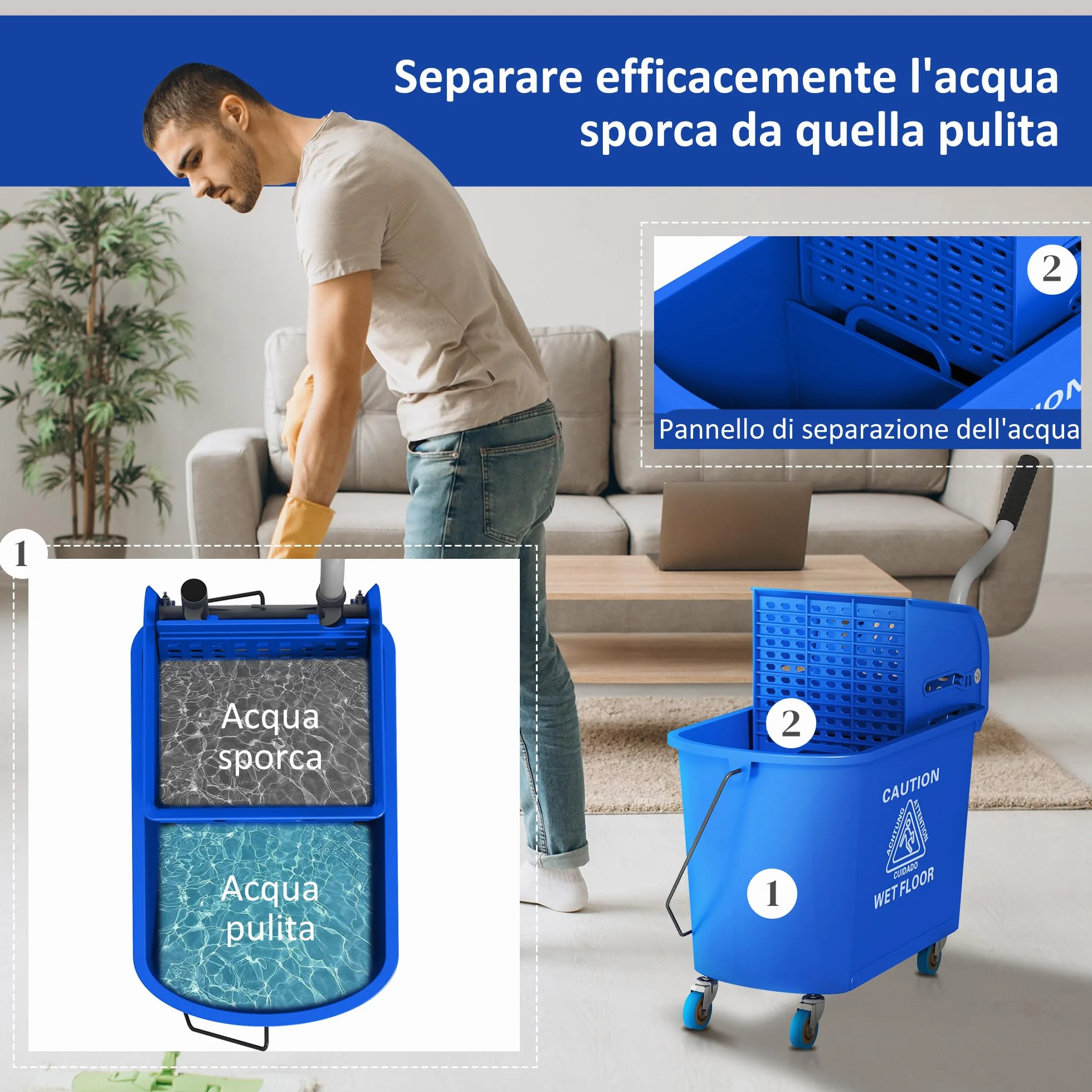 HOMCOM Carrello Pulizie Professionali 20L con Secchio Mocio e Strizzatore, 60x27x70.5 cm, Blu