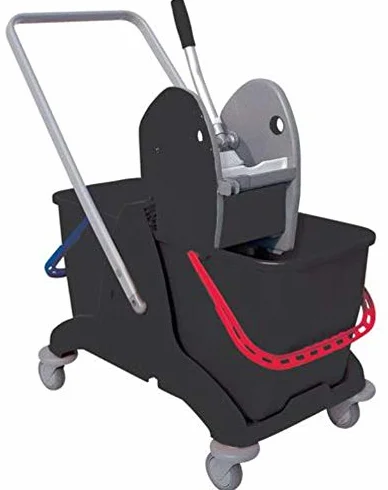 Secchio Lava Pavimenti Professionale Industriale Carrello Doppia Vasca Nero 25+25 L Manico Blu Rosso Strizzatore
