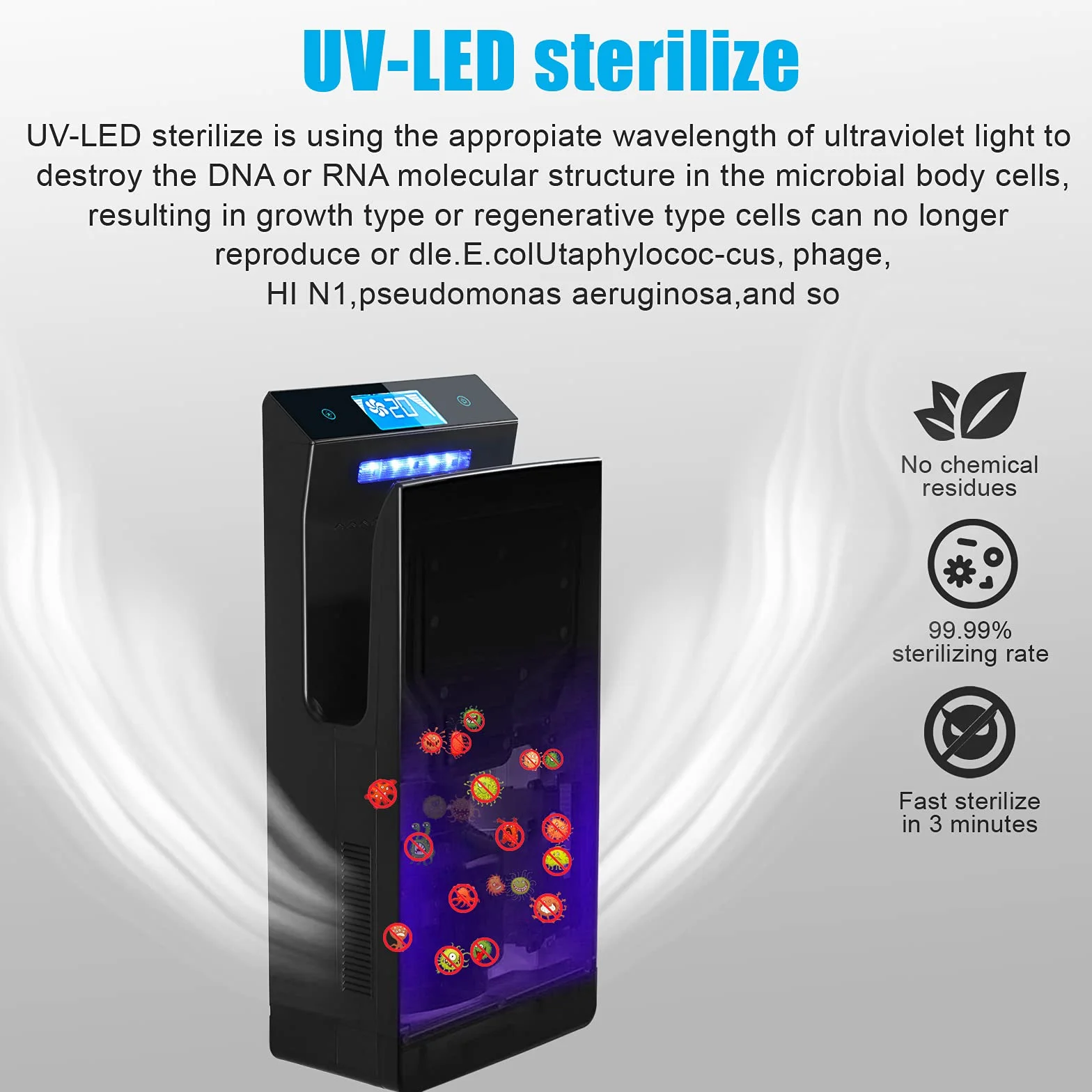 Asciugamani Elettrico 1350W con Display LCD, Luce UVC e Filtro HEPA, Ionico, Nero Opaco