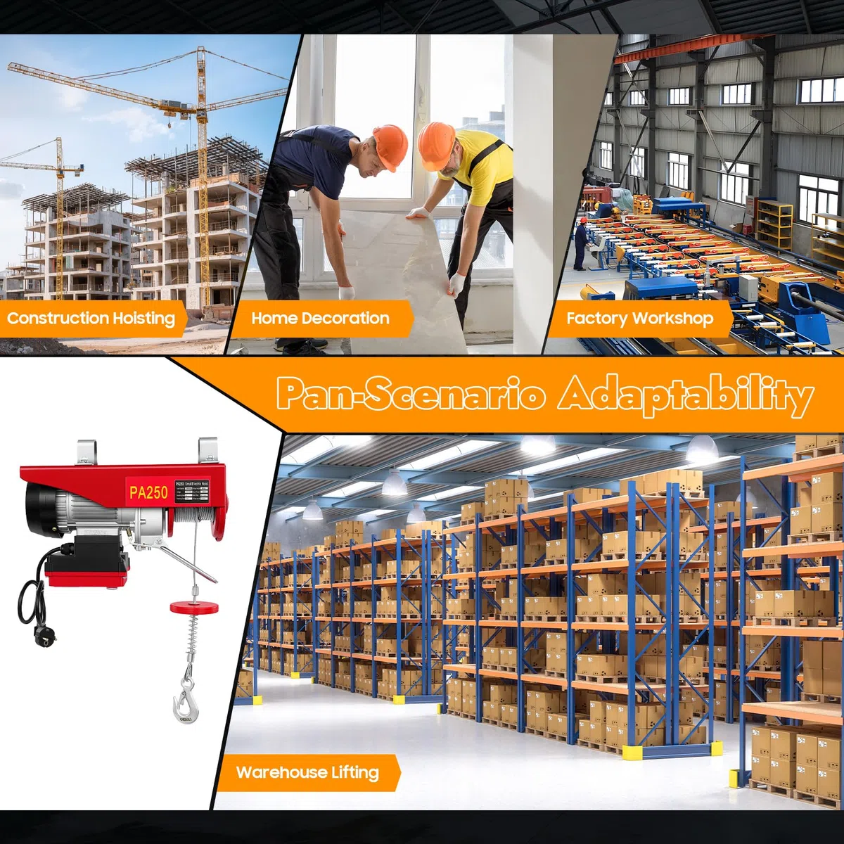 Verricello elettrico 550 W con telecomando – Portata 250 kg, corda da 12 m, protezione IP40, 2 modalità di funzionamento (singola o doppia) per costruzione, magazzino e industria