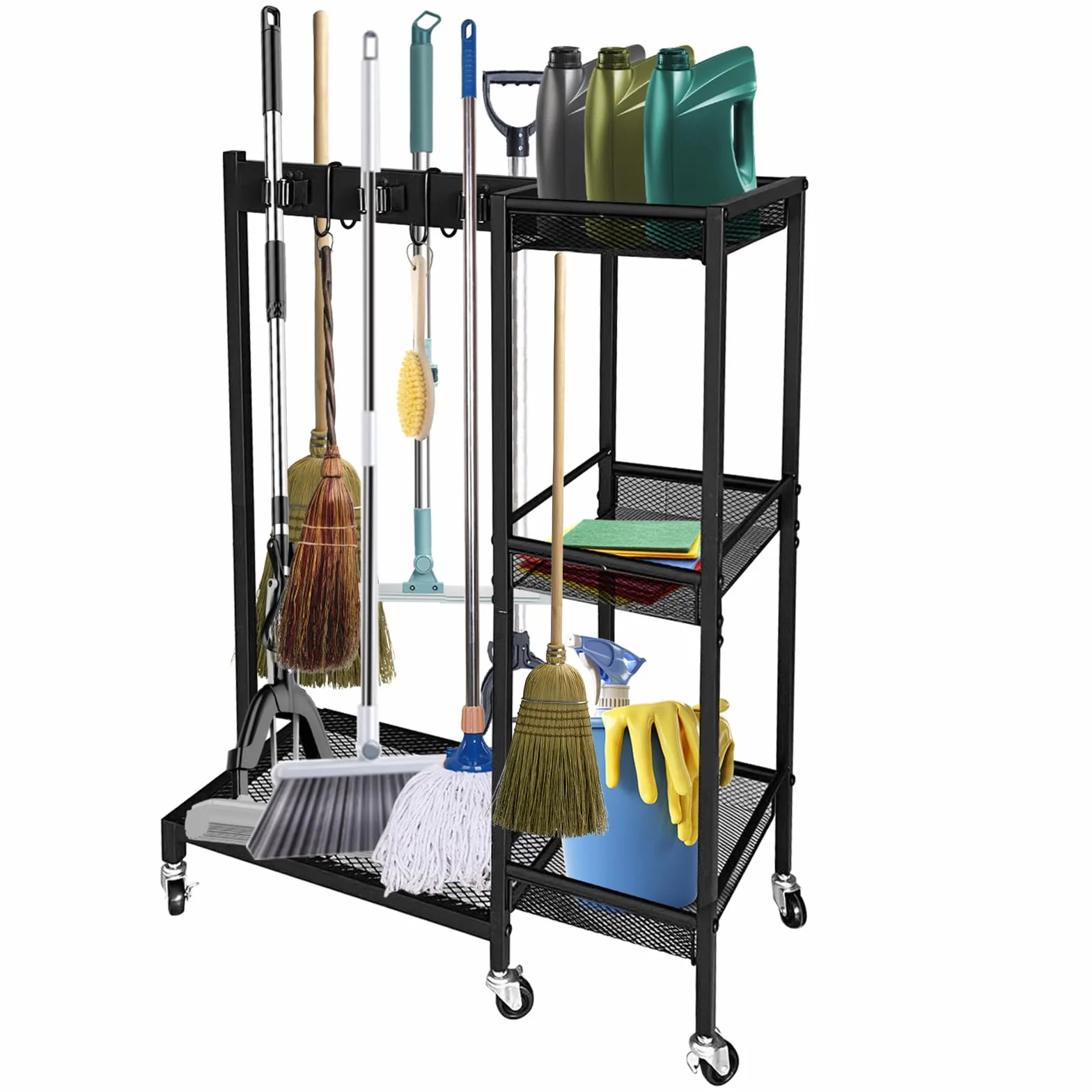 Carrello per Pulizie 3 Ripiani con Ruote, Organizzatore Mobile Porta Scope, Portata 50kg