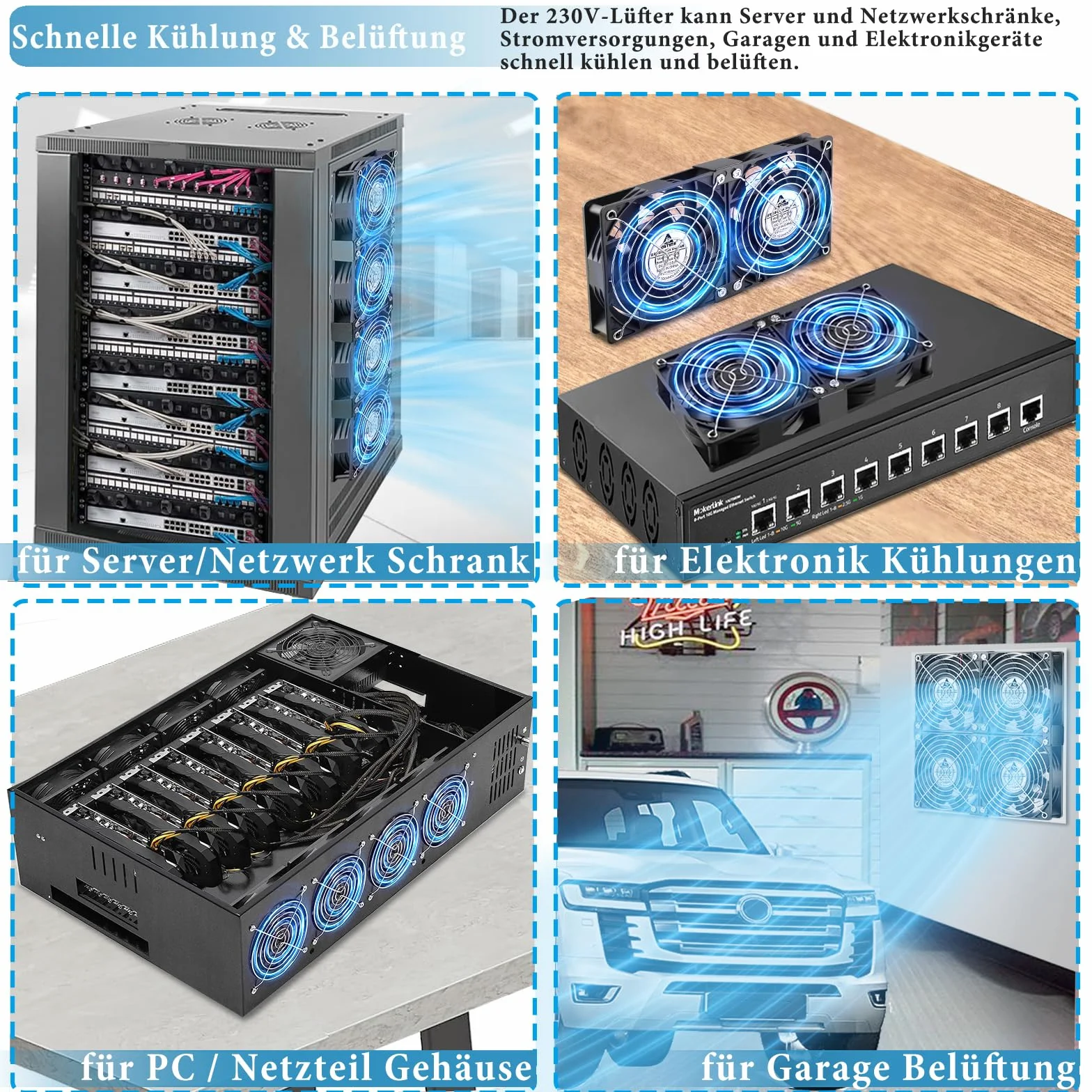 GDSTIME 4 ventole da 120 mm, 230 V, grande flusso d'aria 120 mm x 38 mm, ventola 220 V AC con spina AC 4 V – 12 V, velocità regolabile per armadio server garage