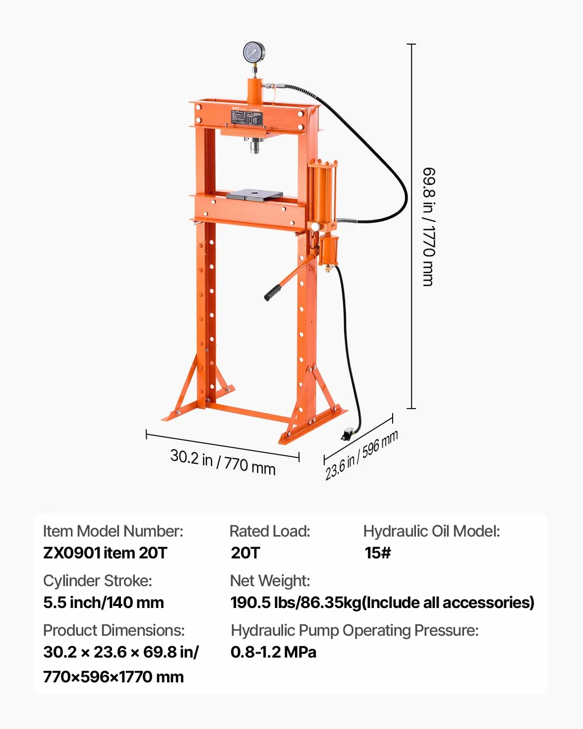 VEVOR Pressa Idraulica Manuale da Officina 20 T con Telaio a H, Pressione 0,8-1,2 MPa