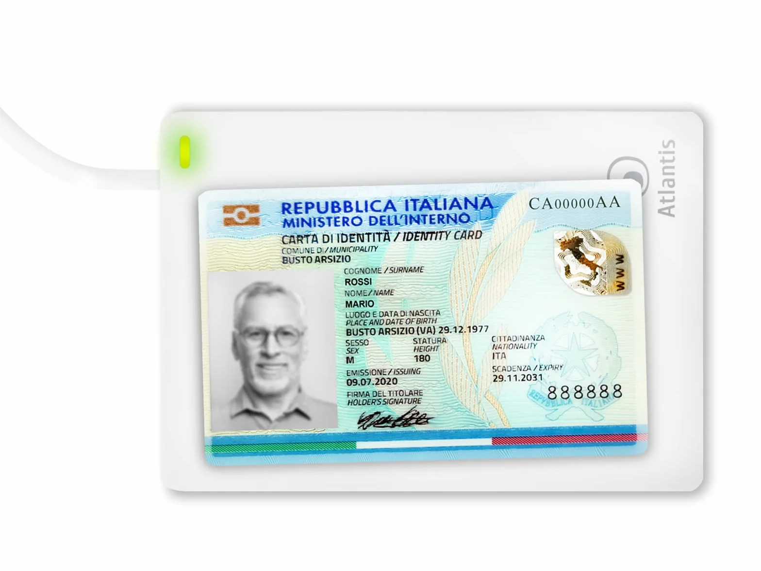 ATLANTIS lettore cie 3.0 carta d'identità elettronica italiana,per INPS,Ag. delle entrate, INAIL,Fascicolo sanitario,ANPR Lettore smartcard contactless nfc per PC, collegamento USB,Bianco,P005-CIED311