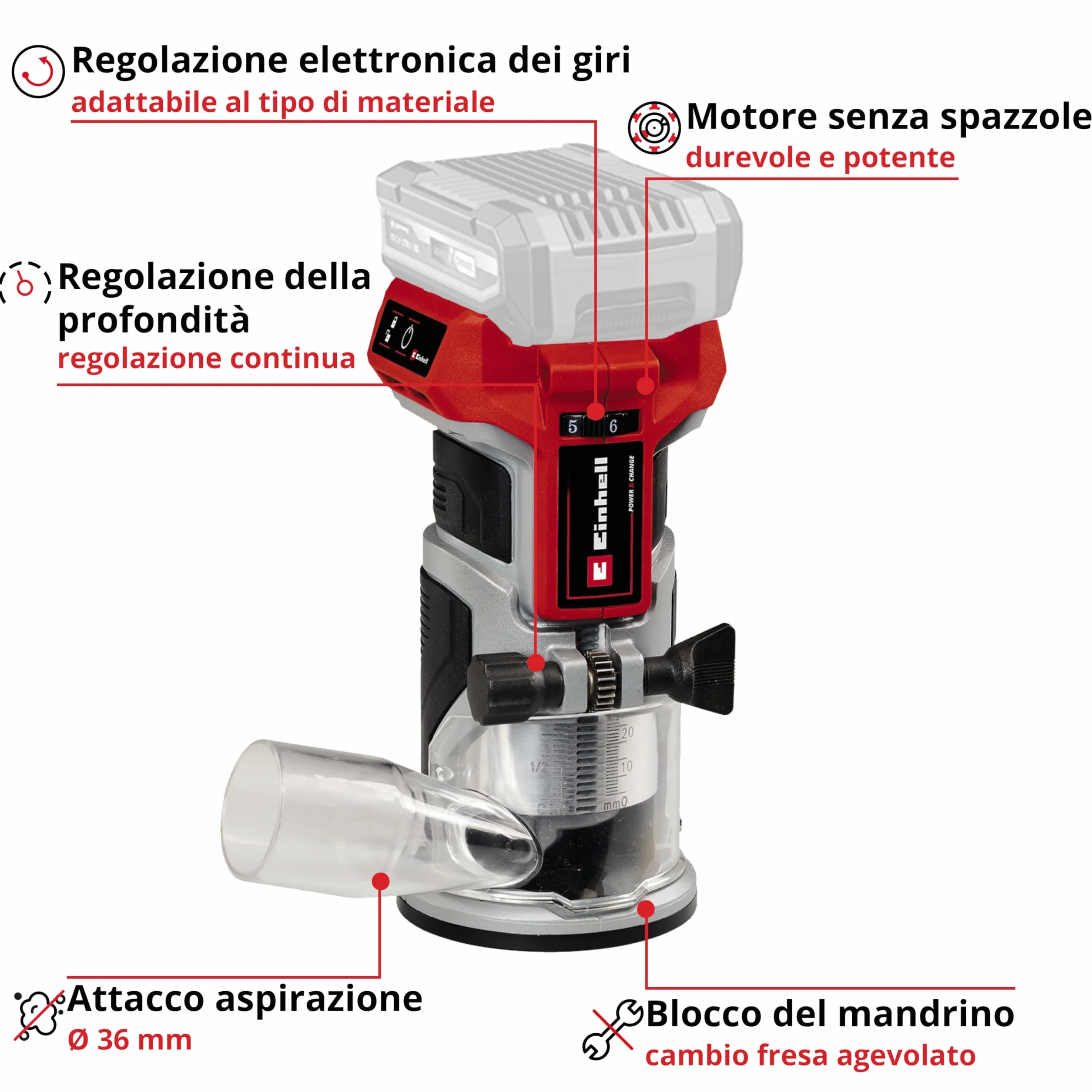 Einhell Power X-Change - Router portatile senza fili, 18 V, motore senza spazzole, altezza corsa 40 mm, regolazione fine della profondità, router manuale TP-ET 18 Li BL lavorazione del legno, batteria