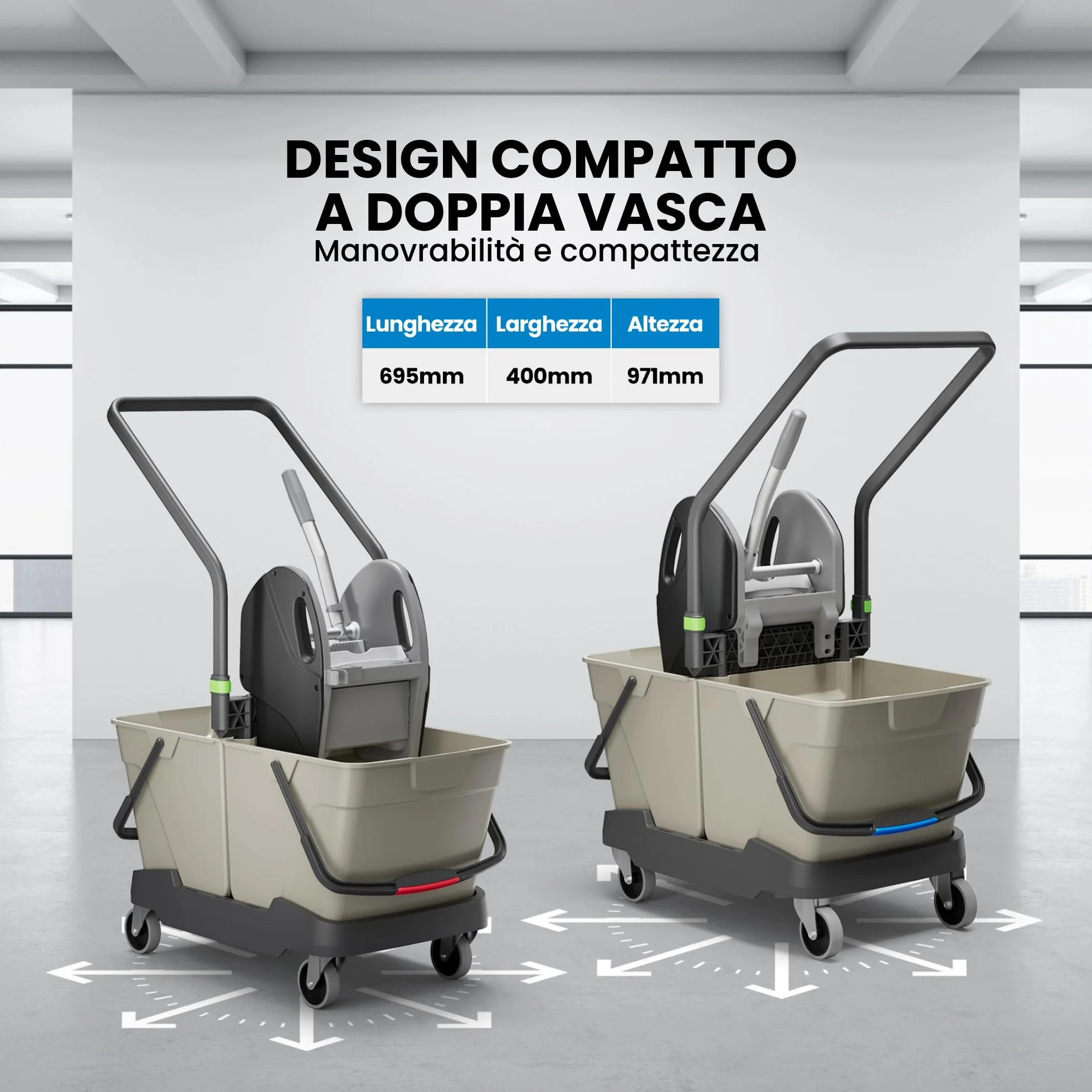 Cubex Professional Carrello Pulizie 2 Secchi 25L Grigio Seta Strizzatore New Line Ganasce Ruote Metallo