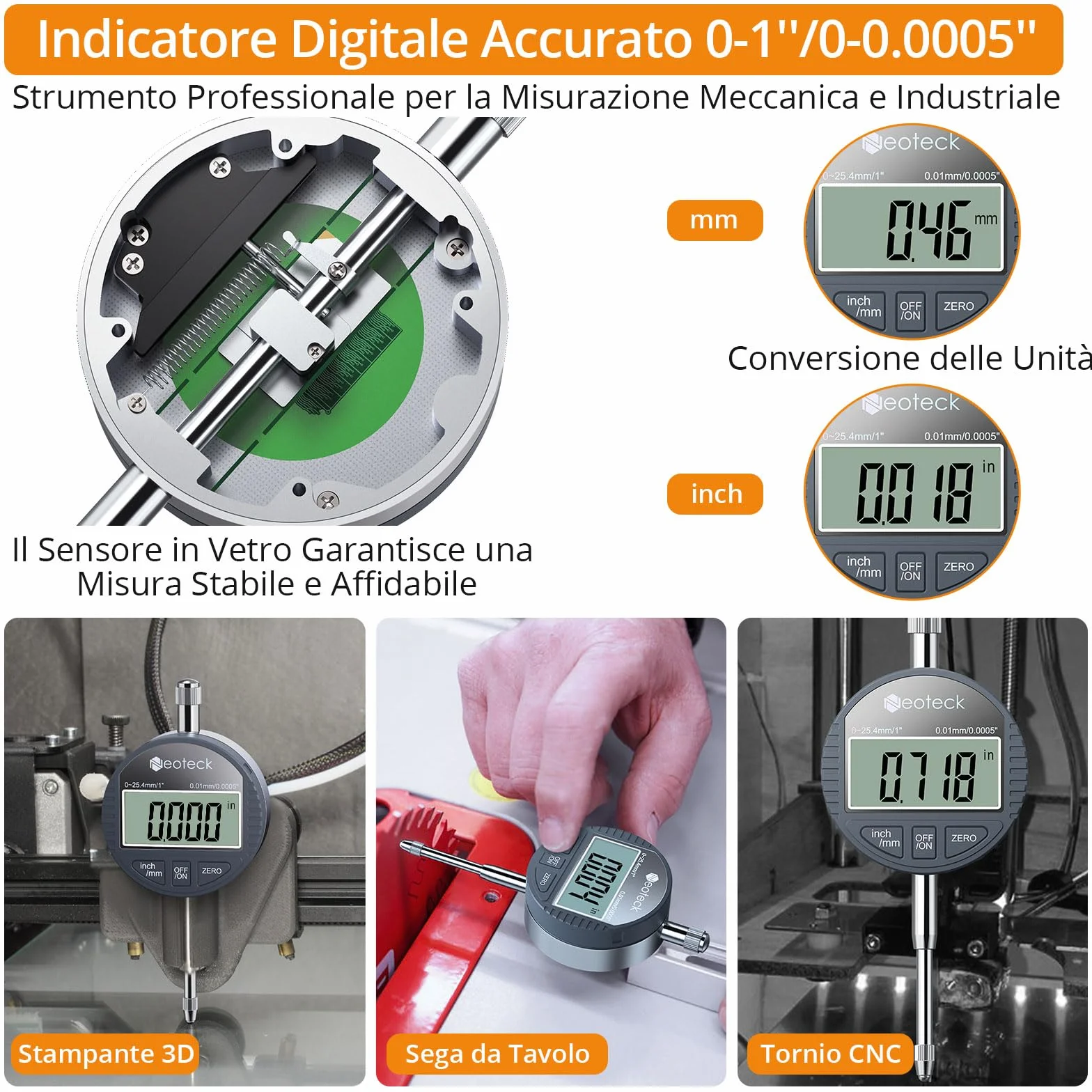 Neoteck 0-25.4mm Comparatore Centesimale con Base Magnetica 90lbs(40kg) Indidatore Elettronico dell'indicatore Digitale a Quadrante 0.01 mm (0.0005") con Braccio Flessibile Conversione mm/pollici
