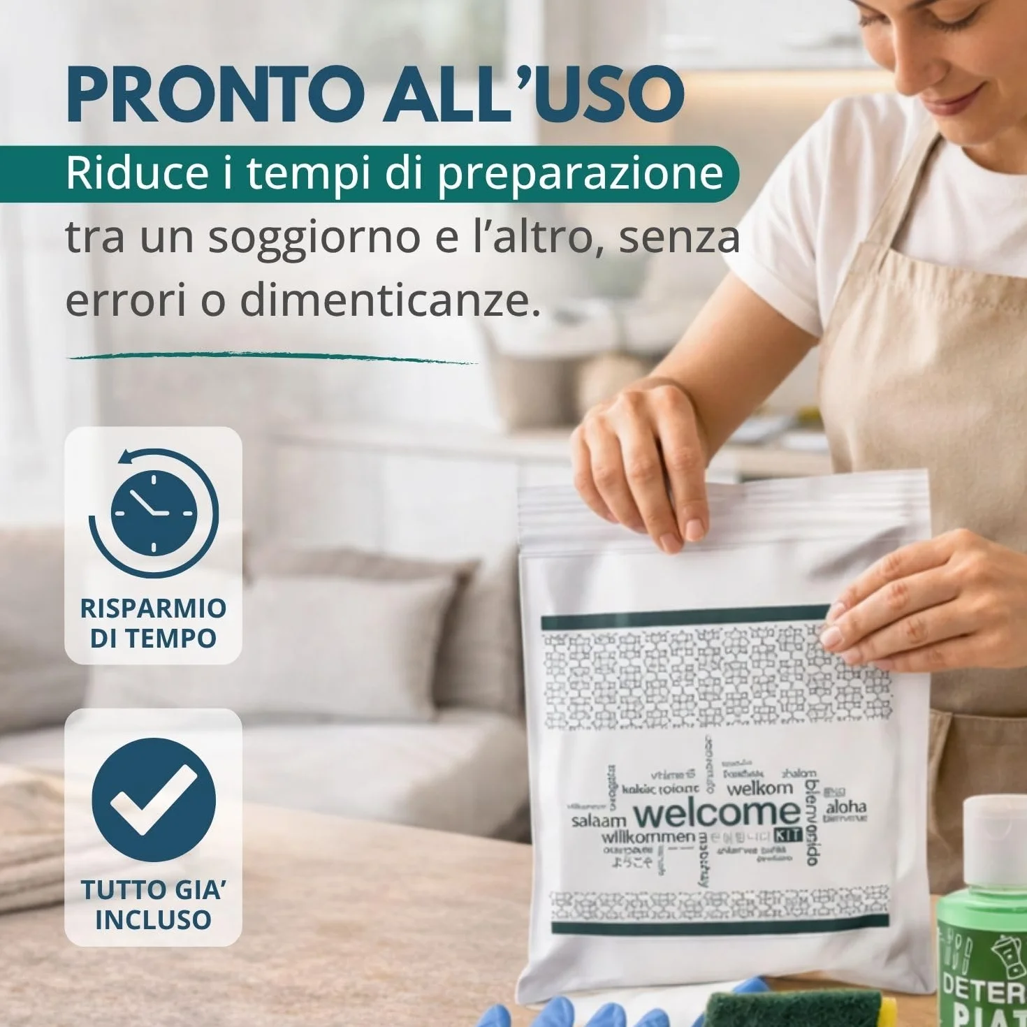 Kit cortesia Residence 015B, set pulizia cucina 4 pezzi per appartamenti, campeggi e B&B - (Cartone da 20 kit)