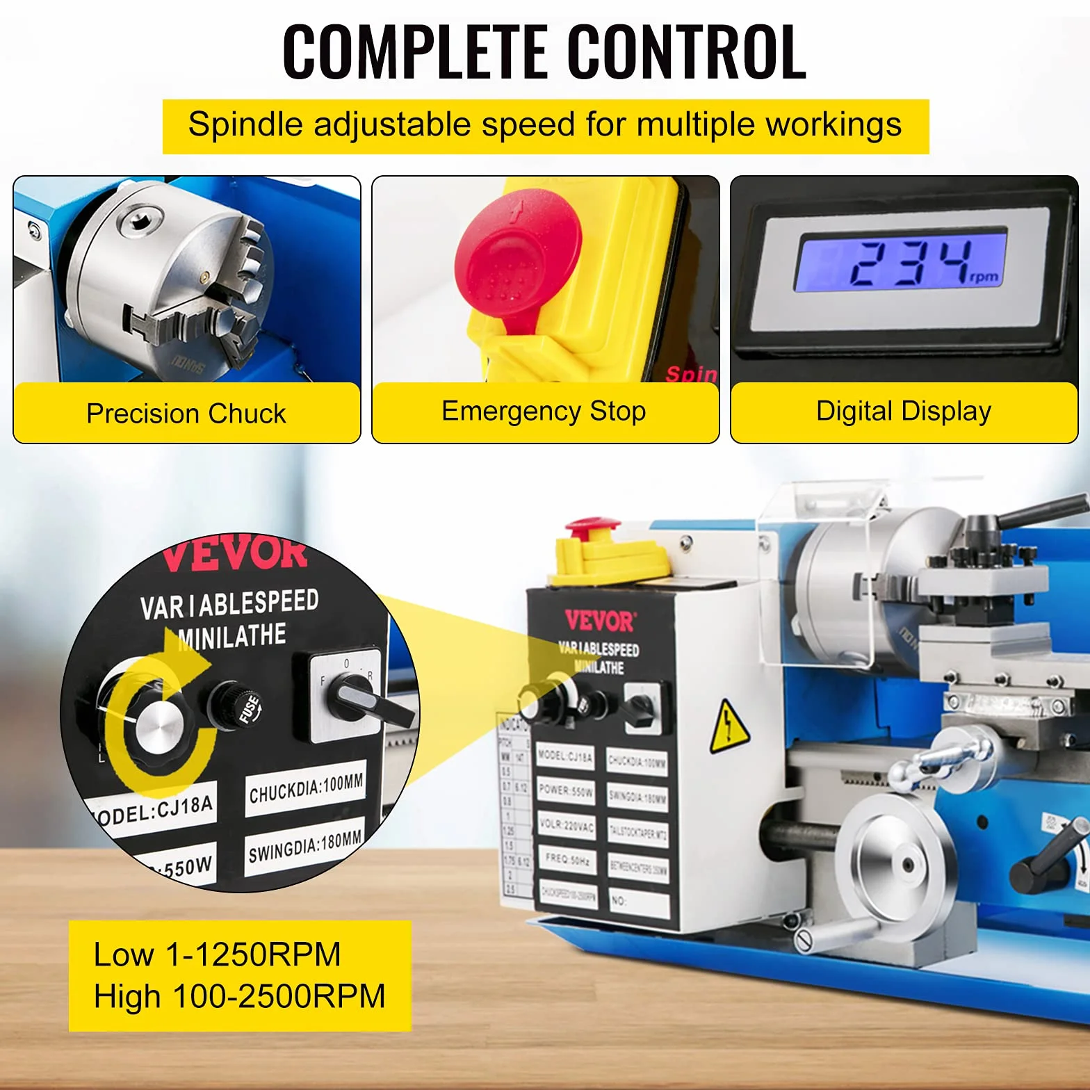 VEVOR Mini Tornio da Banco per Metallo Motore 800W in Ghisa HT200 Velocità tra 150-2500 giri/min Variazione Costante, Mini Tornio per Metalli 80 x 34 x 36 cm Cono Mandrino MT5 Diametro Mandrino 100mm