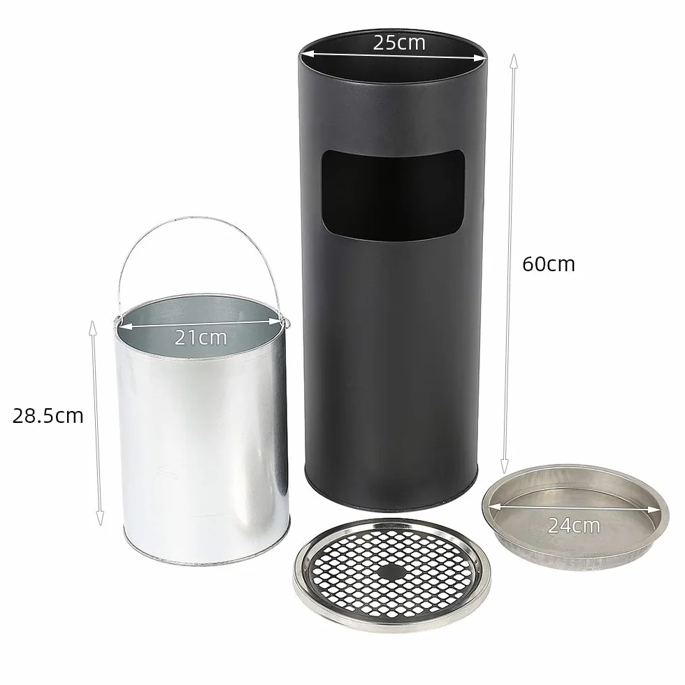Set di 2 bidoni della spazzatura da 30 litri con posacenere posacenere per esterni, in acciaio inox, diametro 25 x 60 cm (nero)