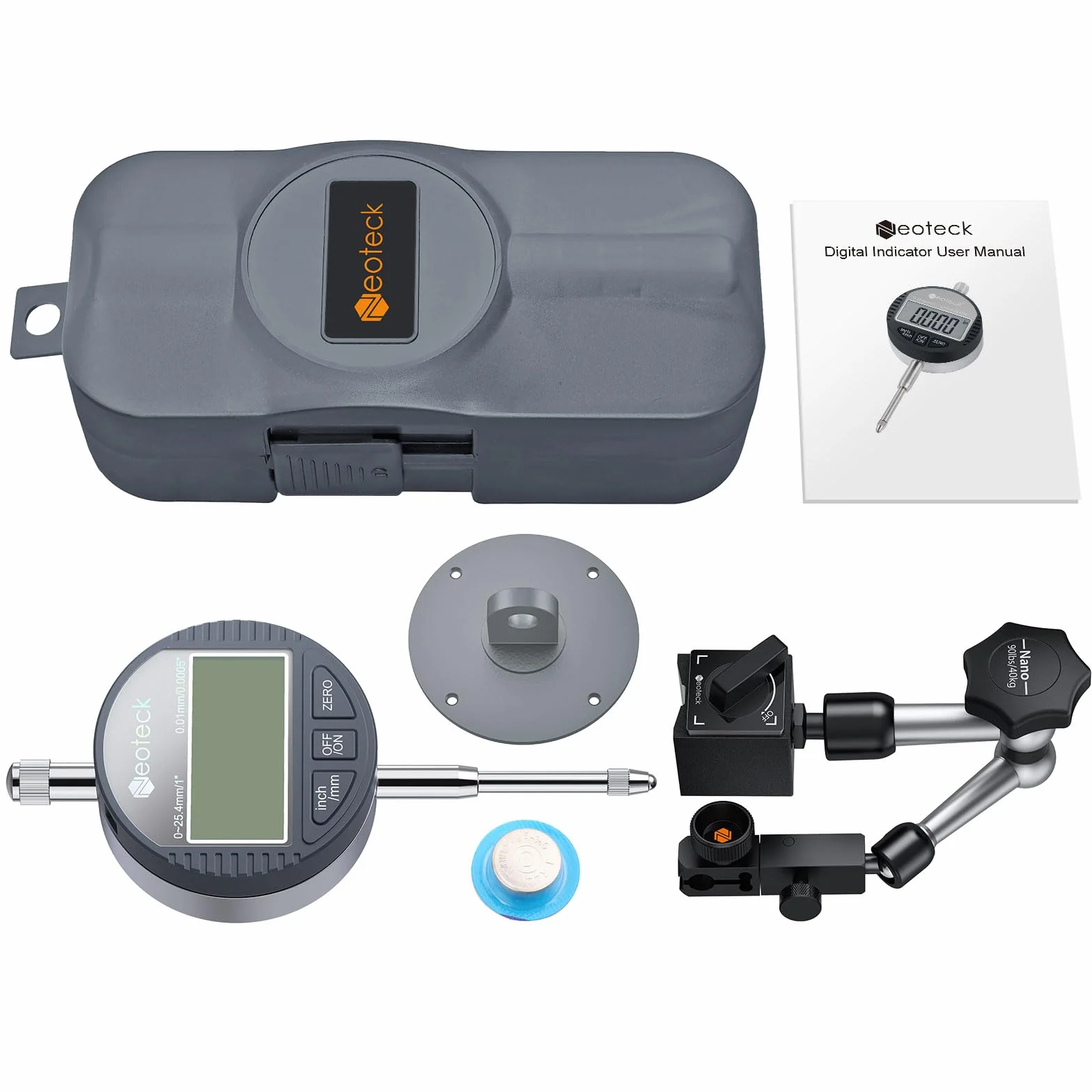 Neoteck 0-25.4mm Comparatore Centesimale con Base Magnetica 90lbs(40kg) Indidatore Elettronico dell'indicatore Digitale a Quadrante 0.01 mm (0.0005") con Braccio Flessibile Conversione mm/pollici