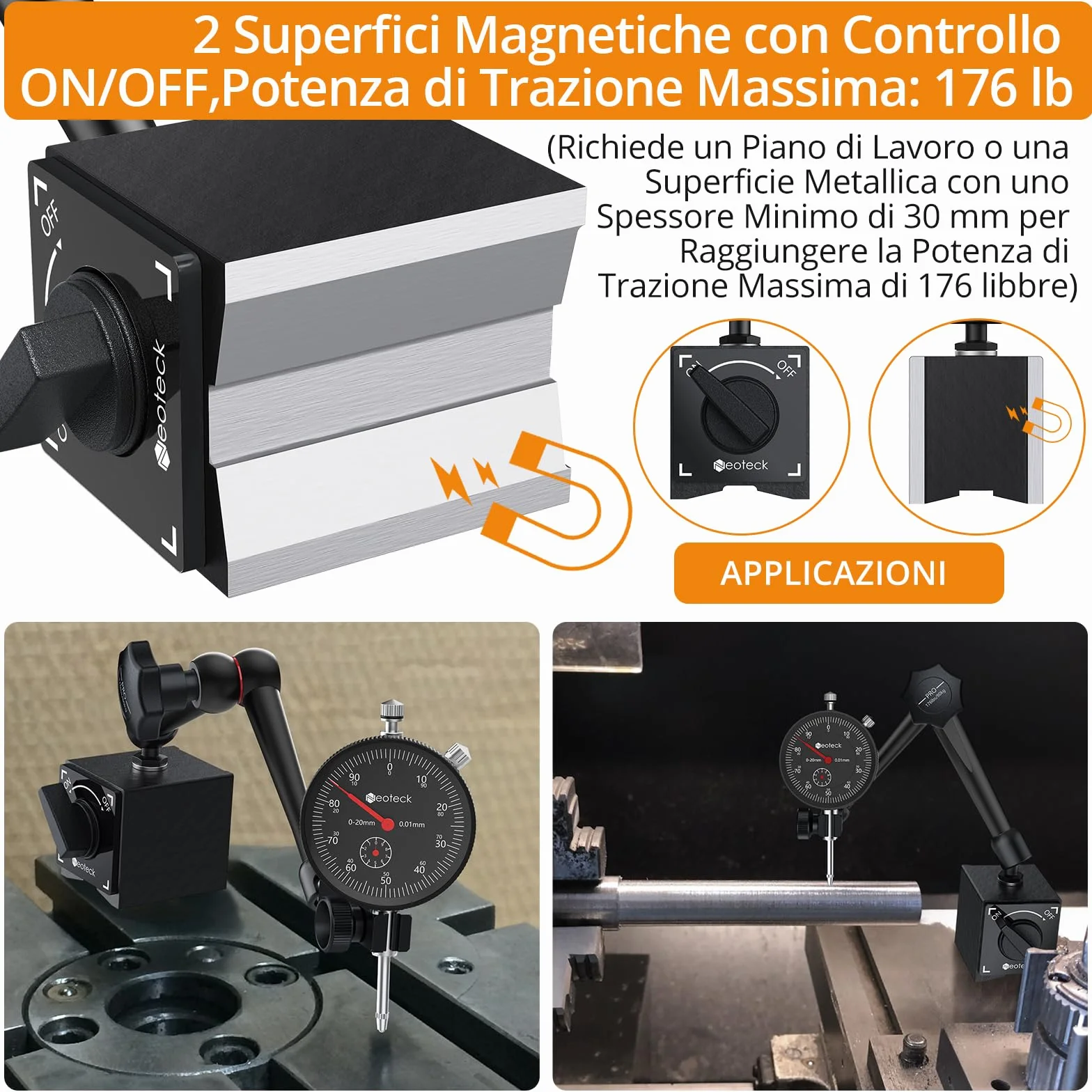 Neoteck Comparatore Centesimale Meccanico 0-20mm con Base Magnetica Set Indicatore Metrico in Acciaio Inox + Staffa Flessibile braccio Porta Quadrante Max Pull 80KG Controllo ON/OFF -Nero