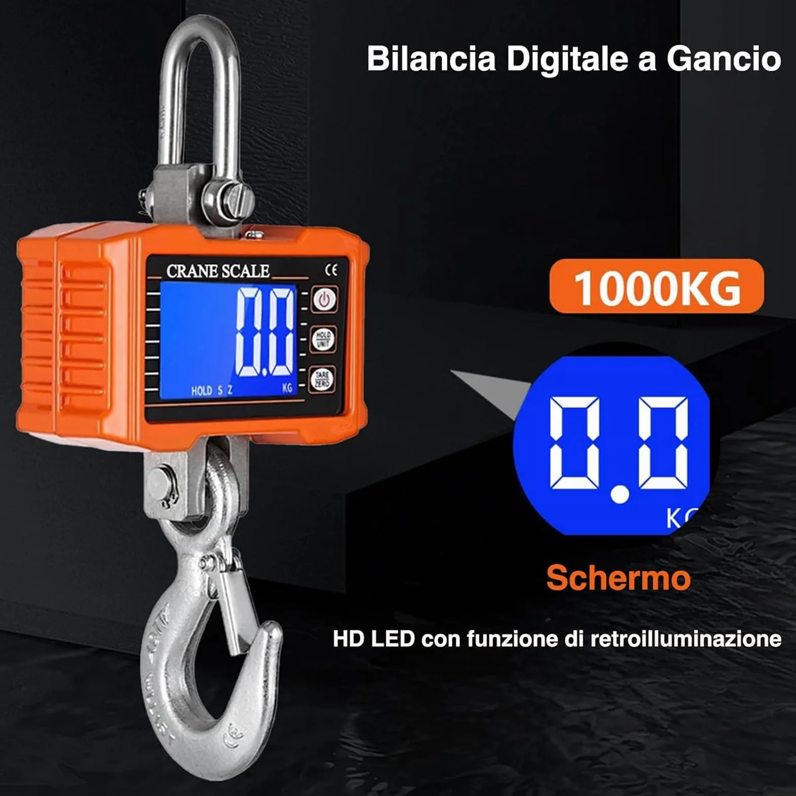 Voltix Bilancia per gru digitale ricaricabile 1000 kg ad alta precisione per impieghi gravosi Nero