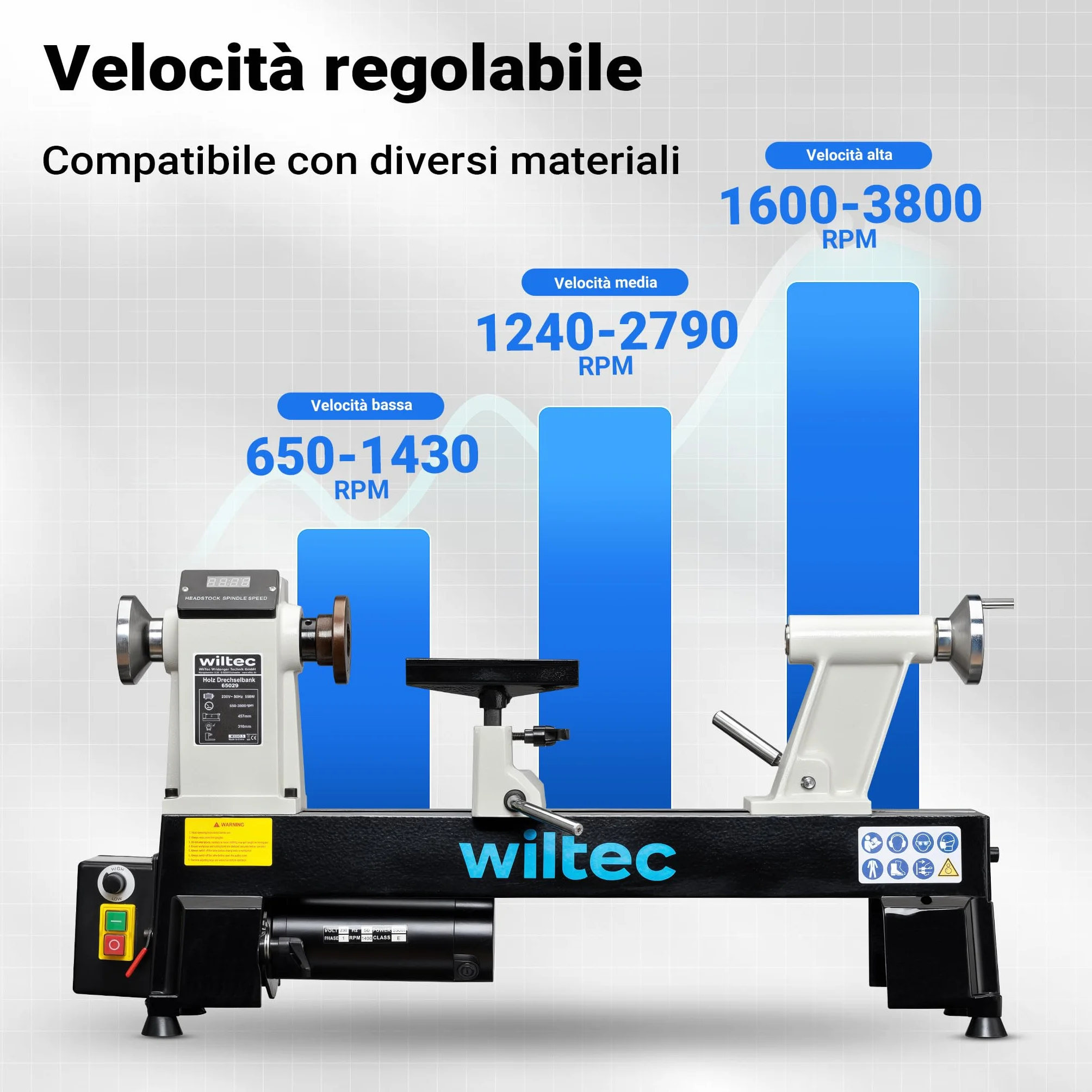 Wiltec Tornio per legno, 3 variazioni di velocità 50-1450, 1250-2800 e 2800–3800 rpm, Macchina da banco per tornitura