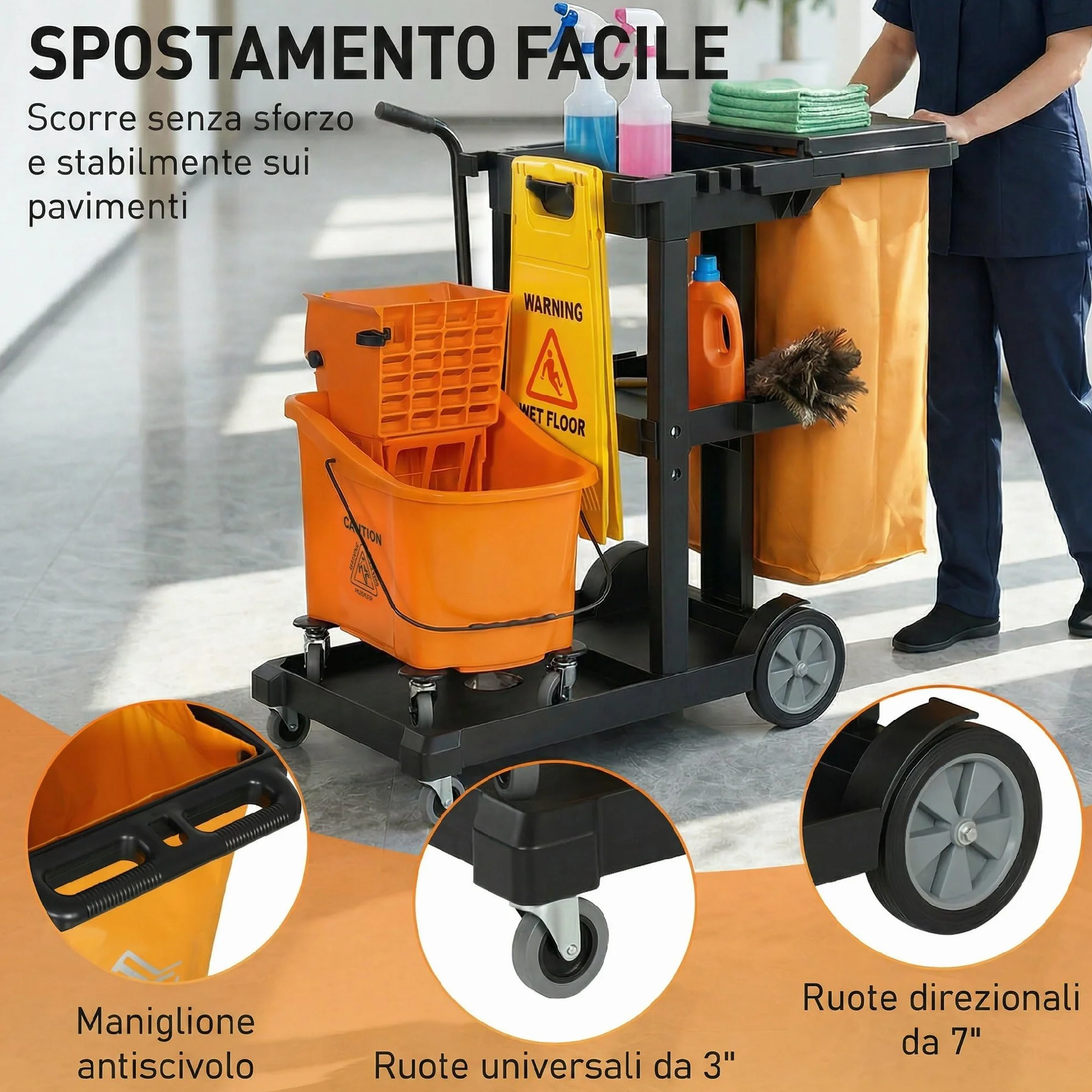 HOMCOM Carrello Pulizie 3 Ripiani 70L Secchio Lavapavimenti Strizzatore 4 Ruote 122x46.5x101 cm