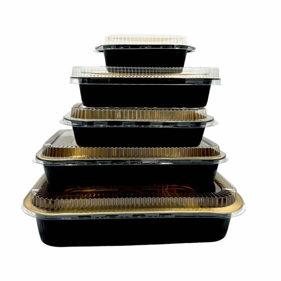 Contenitori Premium in alluminio laccati gold e black con coperchio in pet trasparente 50 pezzi (2040cc)