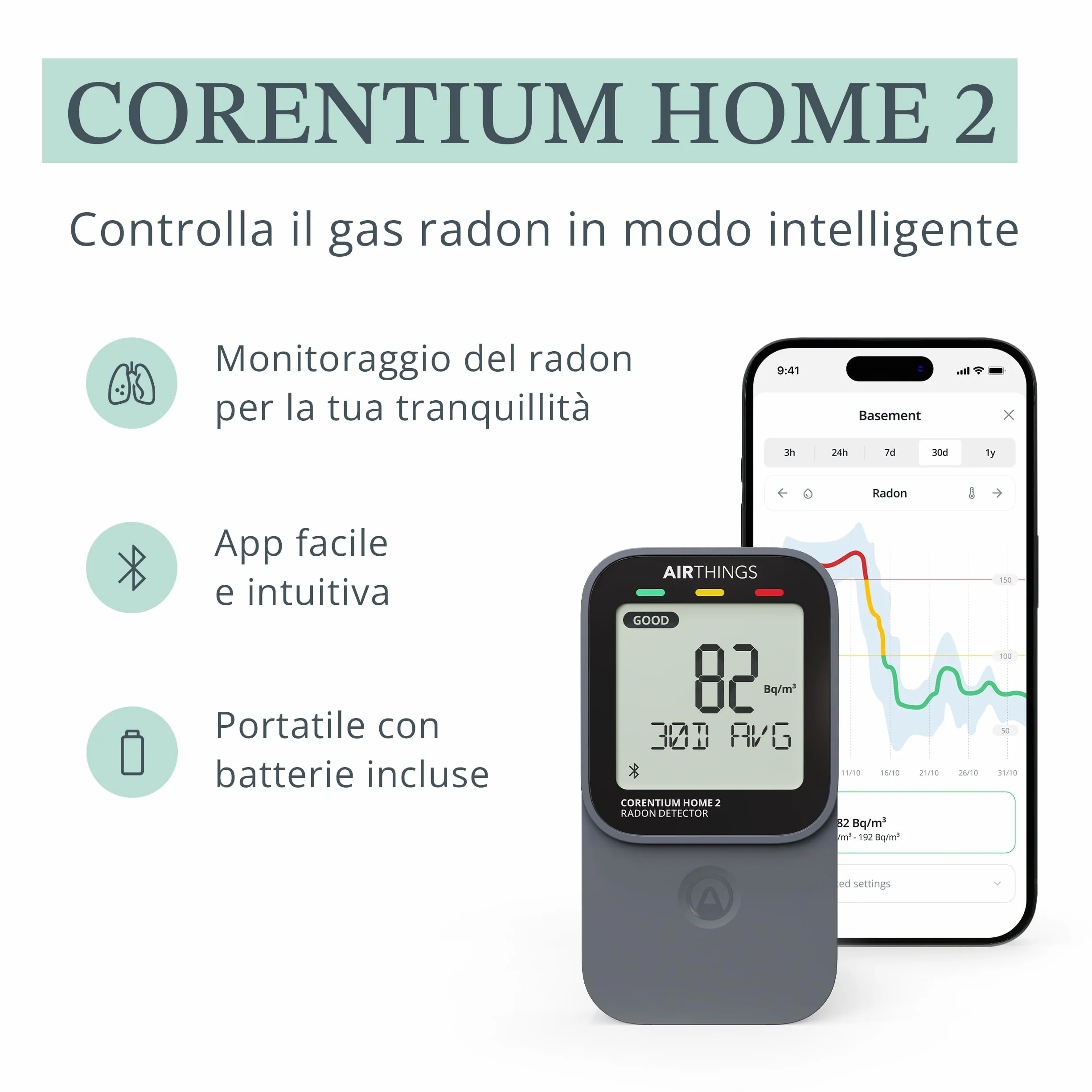 Airthings Corentium Home 2 Rilevatore di radon digitale con Bluetooth umidità temperatura