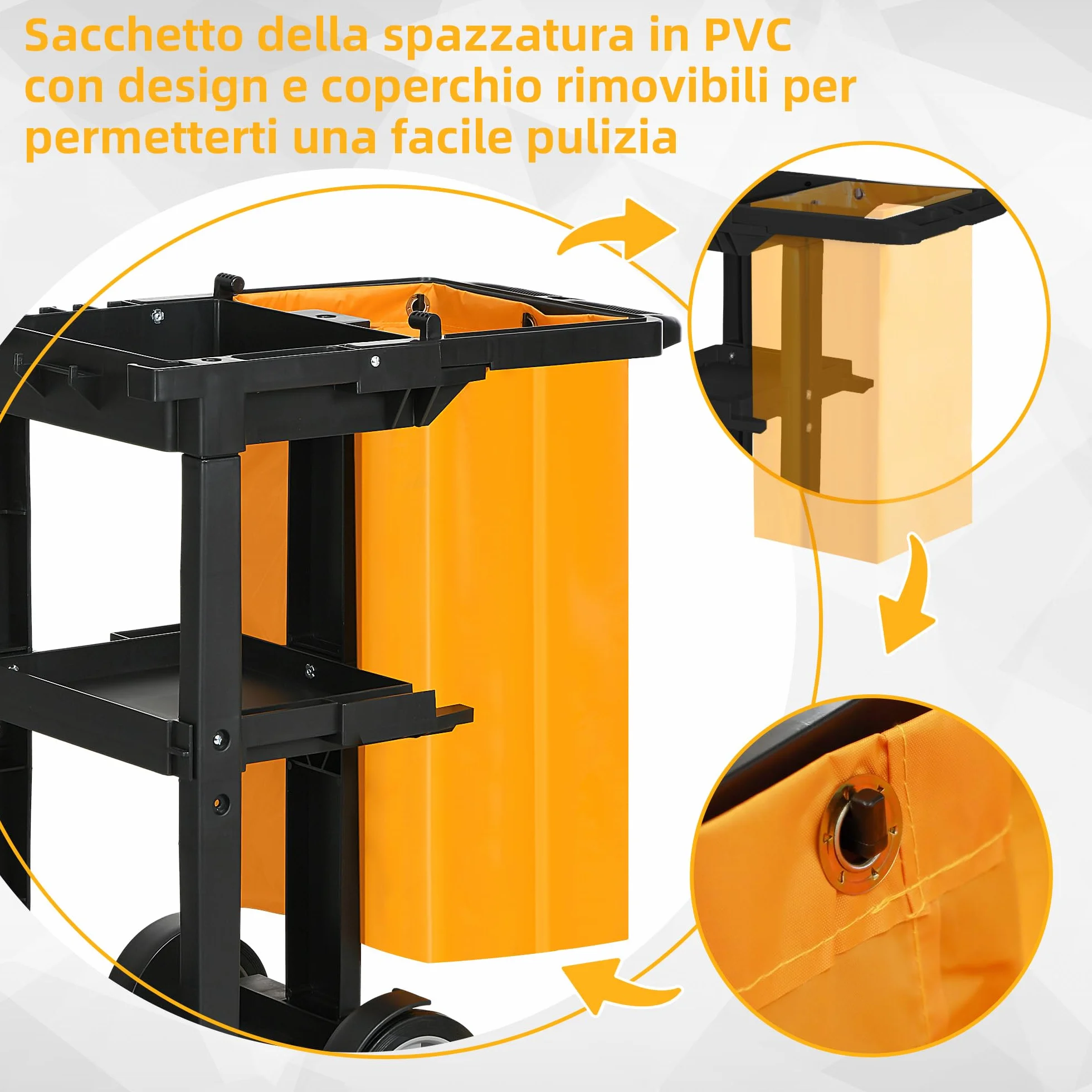 HOMCOM Carrello Pulizie Professionale 3 Ripiani con Ganci, 100L, 121x50.5x96.5 cm, Nero