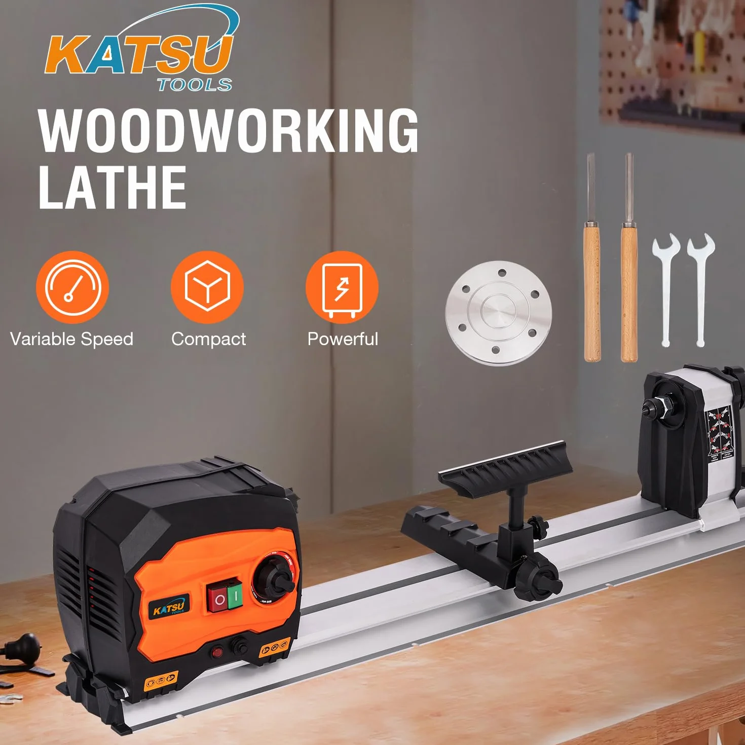 KATSU Mini tornio per legno da banco, 550 W, a velocità variabile, elettrico, lunghezza massima del pezzo da lavorare 600 mm, per progetti fai da te di lavorazione del legno