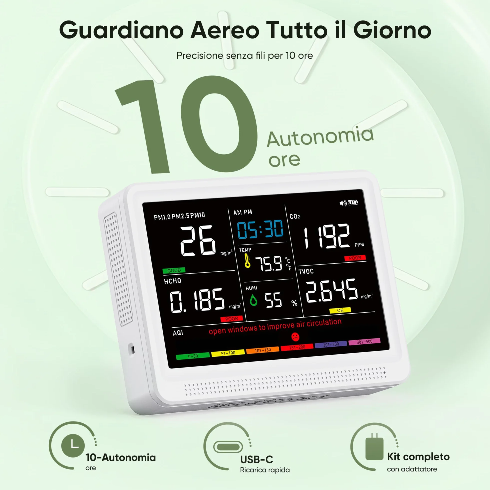 bonoch Professionale 16-in-1 Misuratore Qualità dell'Aria, Rilevatore CO2 con Display 5.5" e Batteria 10h, Monitor TVOC PM2.5 PM1.0 PM10 HCHO Temperatura Umidità