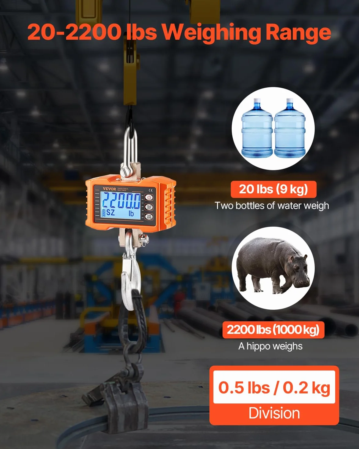 VEVOR Bilancia per Gru Digitale 1000 kg Industriale Sospesa Telecomando Cassa Alluminio Pressofuso Schermo LCD