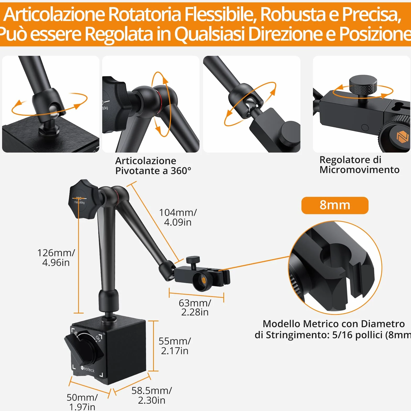 Neoteck Comparatore Centesimale Meccanico 0-20mm con Base Magnetica Set Indicatore Metrico in Acciaio Inox + Staffa Flessibile braccio Porta Quadrante Max Pull 80KG Controllo ON/OFF -Nero