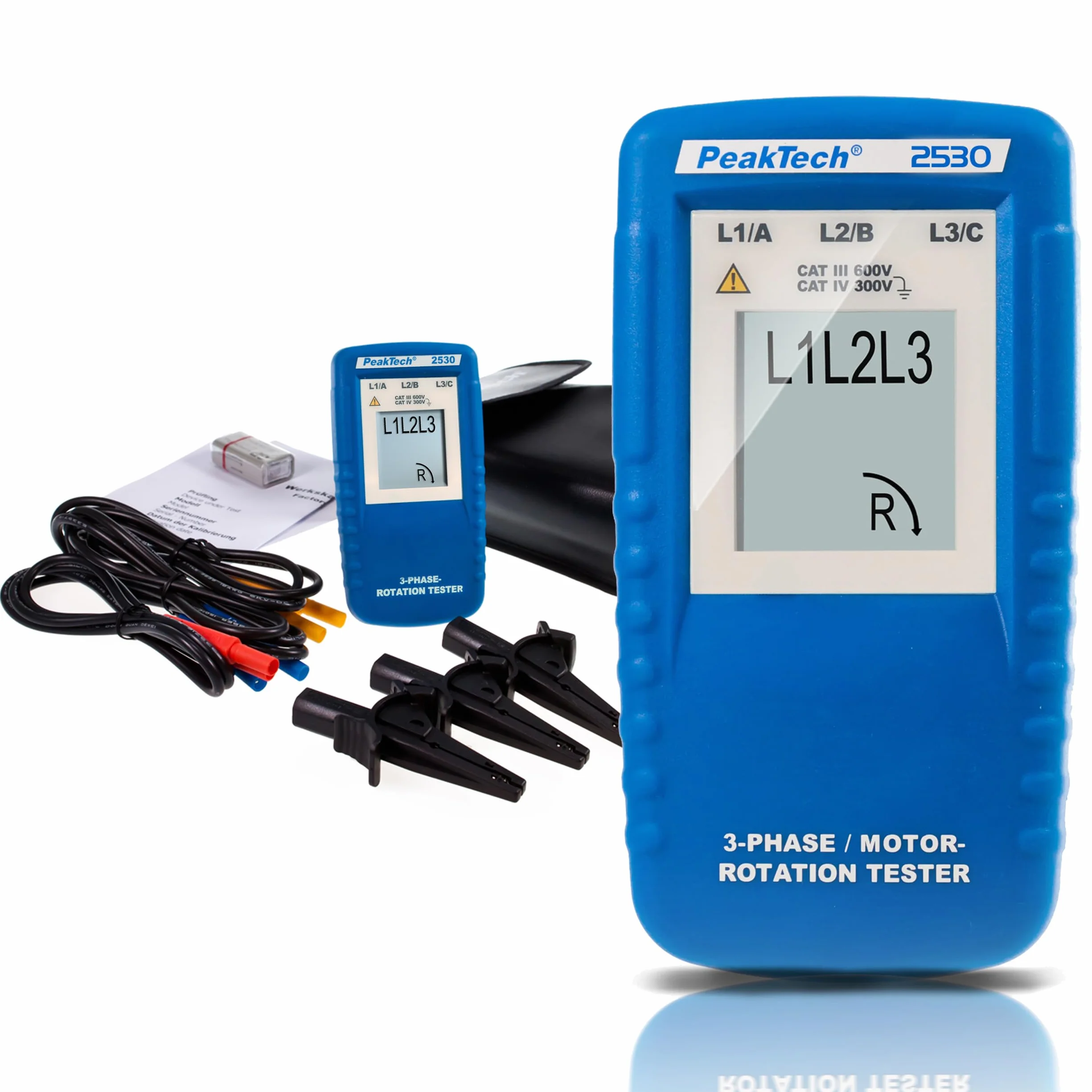 PeakTech P 2530 Indicatore di direzione trifase, tester di campo rotante con display LCD, 1 pezzo, strumento di misura elettrico per installazioni e manutenzione