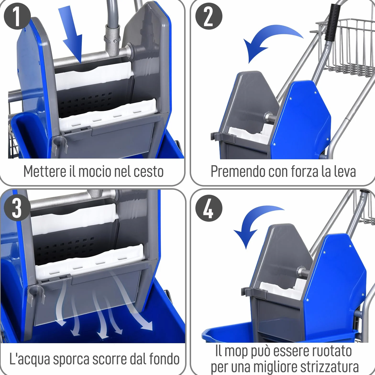 HOMCOM Carrello Pulizie 26L con Secchio Mocio e Strizzatore, 2 Cestini Rete Metallo, Maniglia 4 Ruote, Blu