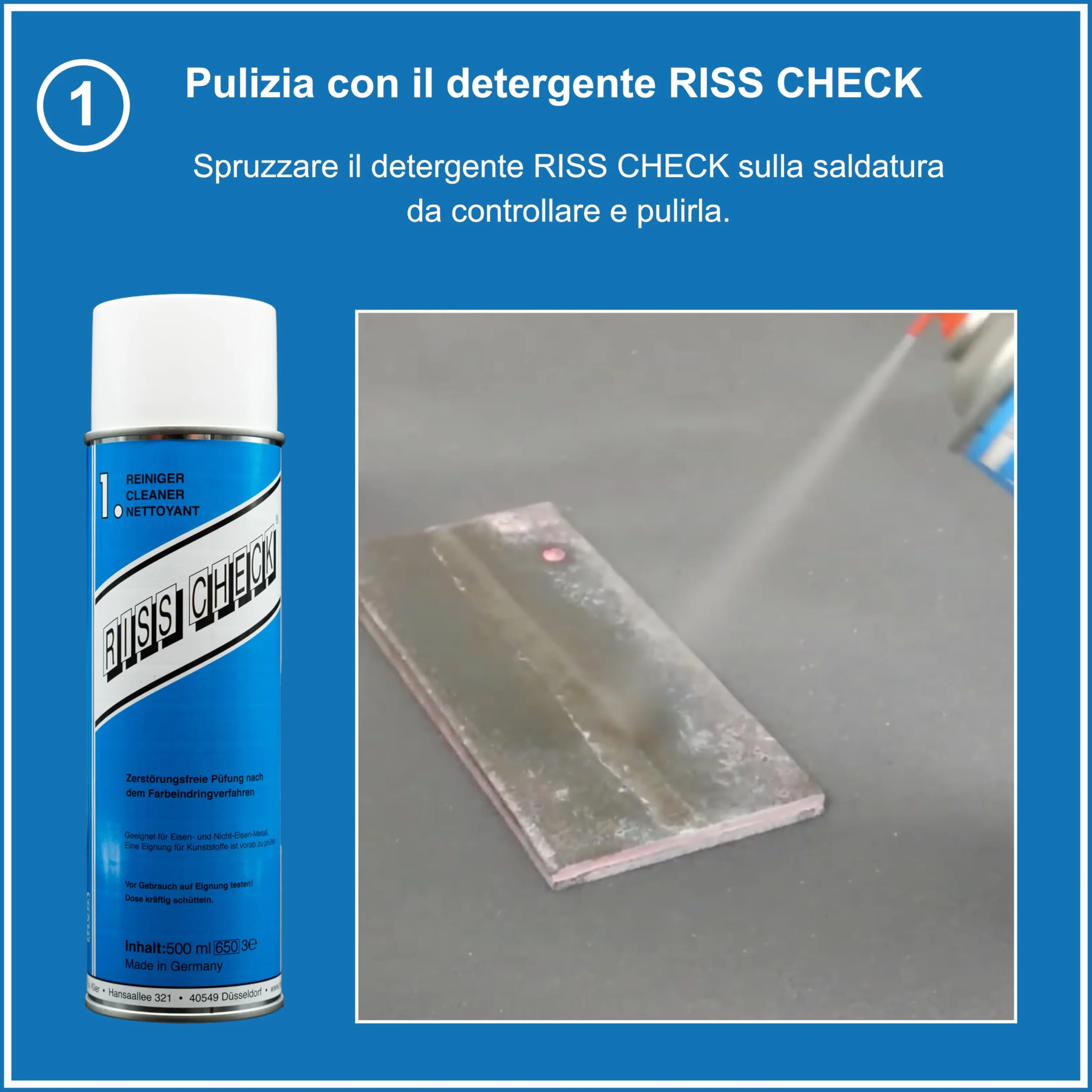 RvK RISS CHECK – Kit controllo crepe 3×500 ml – Spray detergente, spray rilevatore rosso, spray contrasto bianco – Prova non distruttiva DIN EN ISO 3452-2