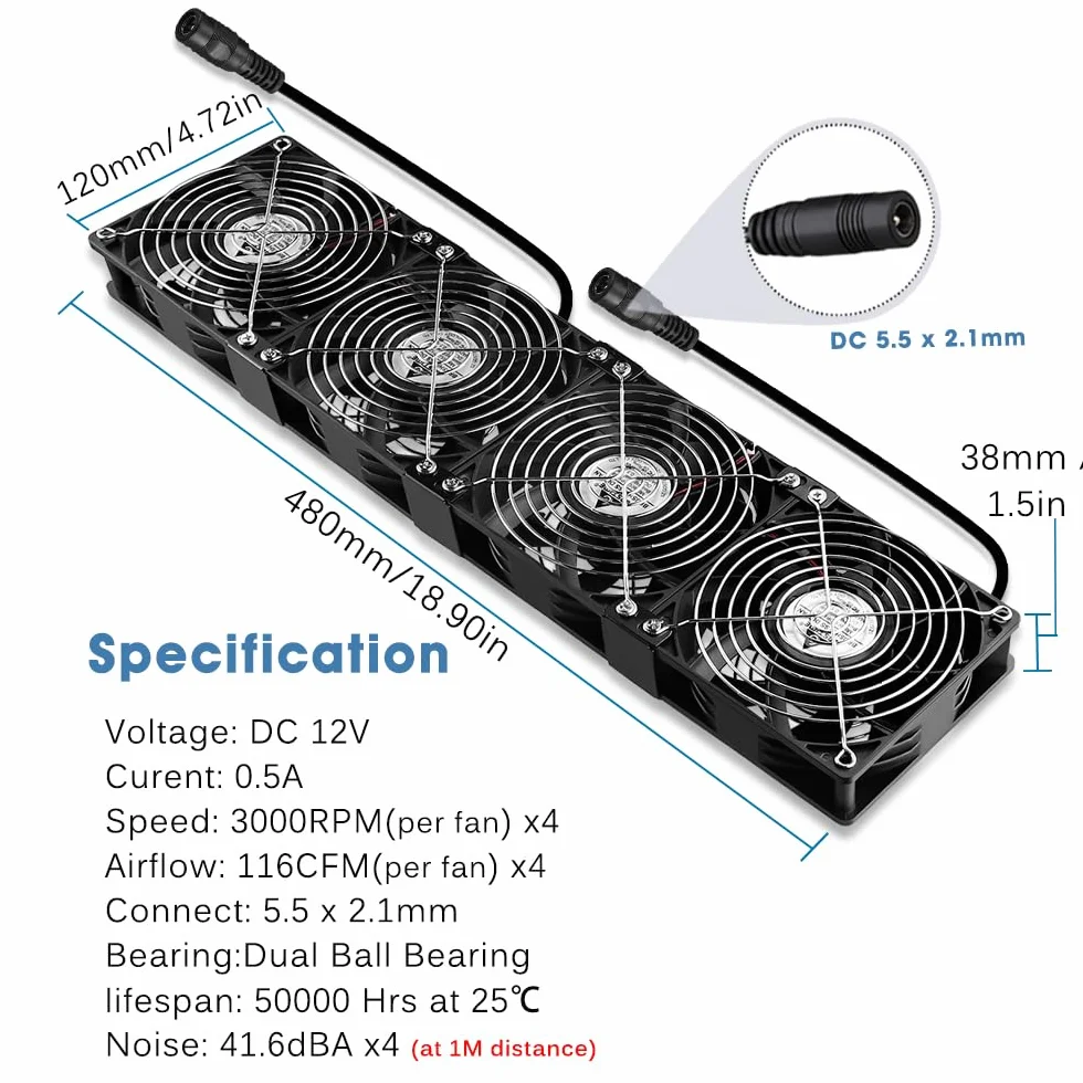 GDSTIME 4 ventole da 120 mm, 230 V, grande flusso d'aria 120 mm x 38 mm, ventola 220 V AC con spina AC 4 V – 12 V, velocità regolabile per armadio server garage