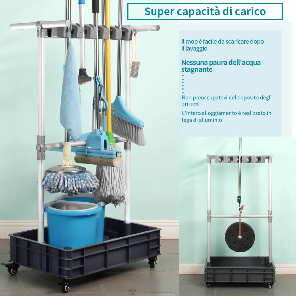 Carrello di pulizia mobile Supporto per scopa e mocio per pavimenti bagnati