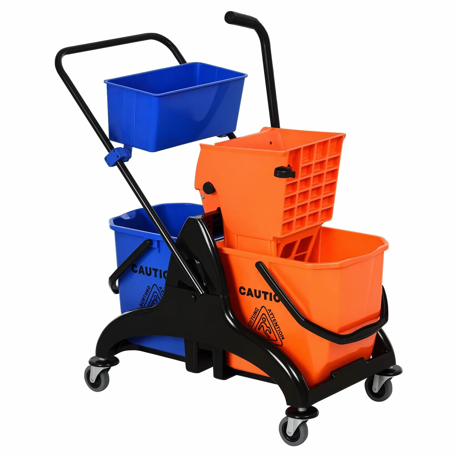 HOMCOM Carrello Pulizie Professionali 2 Secchi Lavapavimenti 26L Strizzatore 4 Ruote 78x45x95 cm Arancione Blu