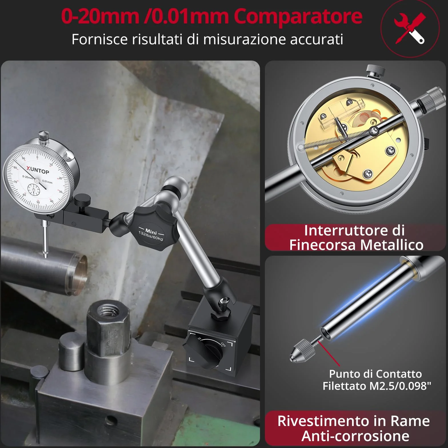 XUNTOP Comparatore Centesimale Meccanico 0-20mm + Base Magnetica Multidirezionale 60KG Misurazione Precisione 0.01mm Set Professionale con Comparatore Test DTI per Tornio, Stampante 3D, CNC, Auto