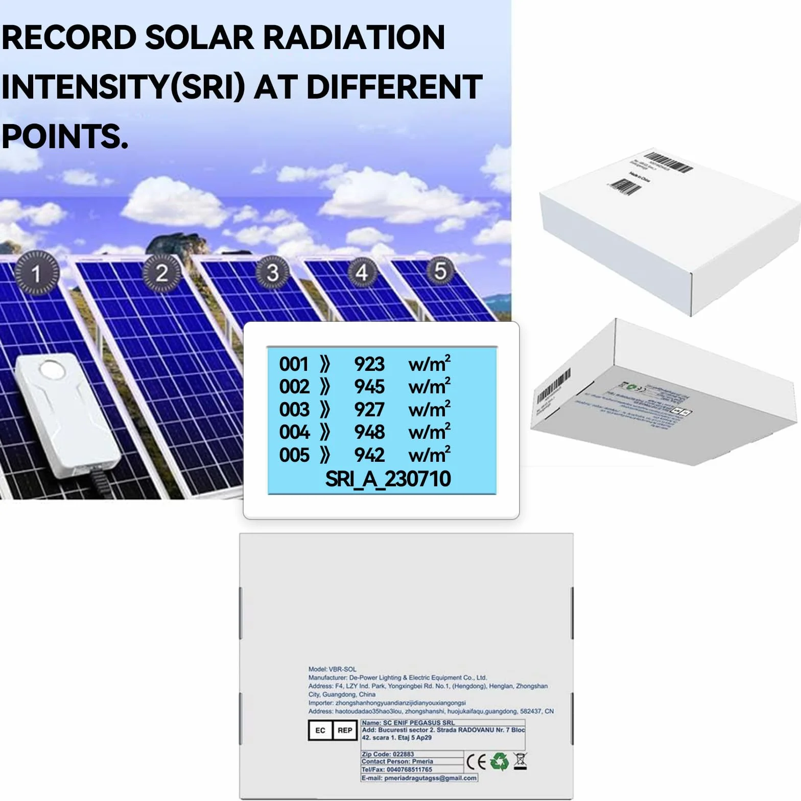 VBR-SOL Misuratore di potenza solare 3499 W/m², registro energetico 28 giorni