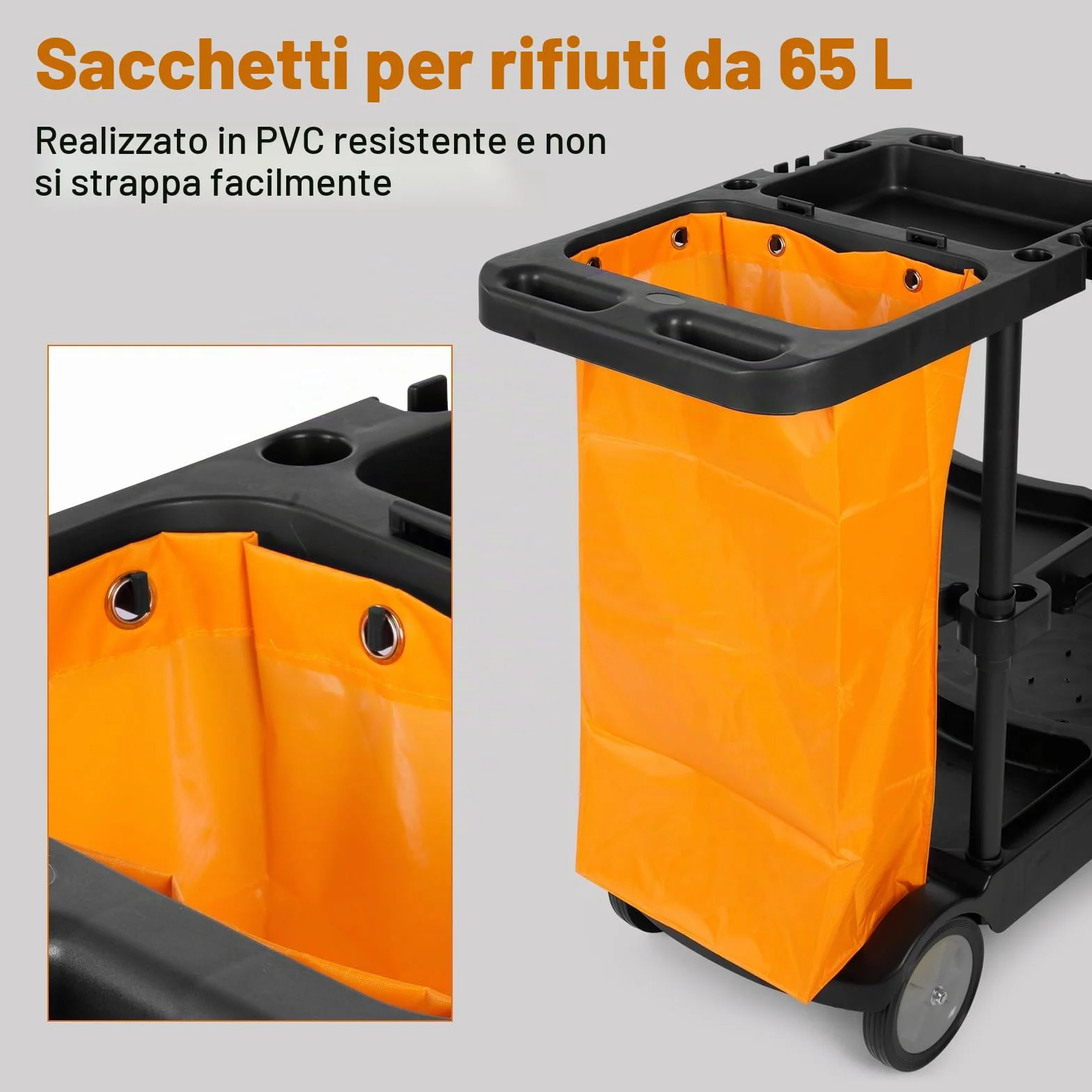 Bimiti Carrello per la pulizia professionale 113x56x93 cm 3 ripiani sacco da 65 L giallo nero