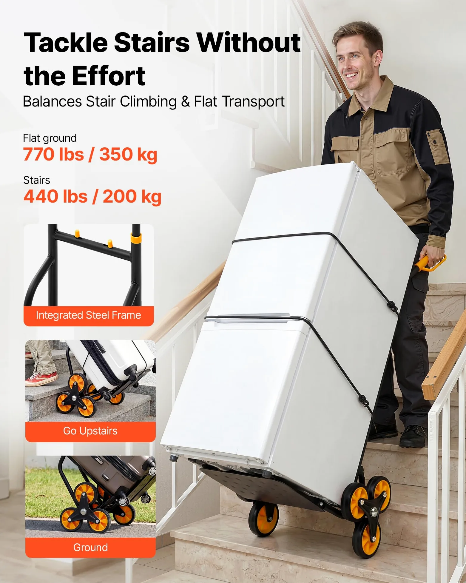 VEVOR Carrello Saliscale Capacità di Salita Scale 200 kg, Carrello Pieghevole per Carichi Pesanti con Maniglia Telescopica, 6 Ruote e 2 Corde Elastiche, per Casa, Generi Alimentari, Magazzino