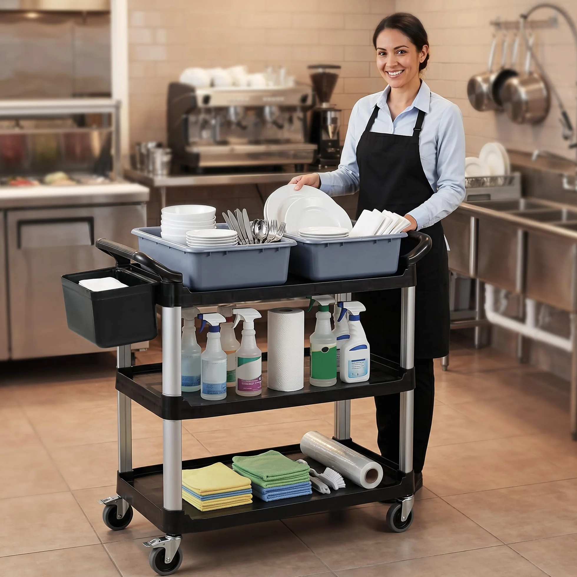 HOMCOM Carrello Pulizie Professionale 3 Ripiani Metallo Plastica 2 Contenitori Rimovibili Secchio Sospeso 4 Ruote Capacità 100kg 115x50x100 cm Nero